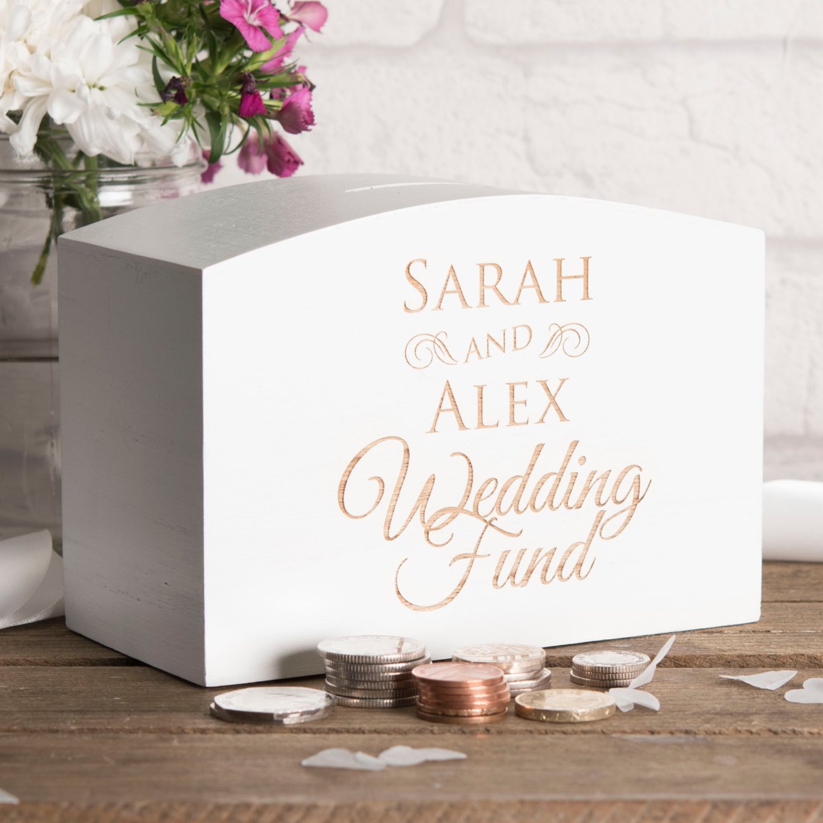 Personalised Engraved White Wooden Money Box - Wedding Fund