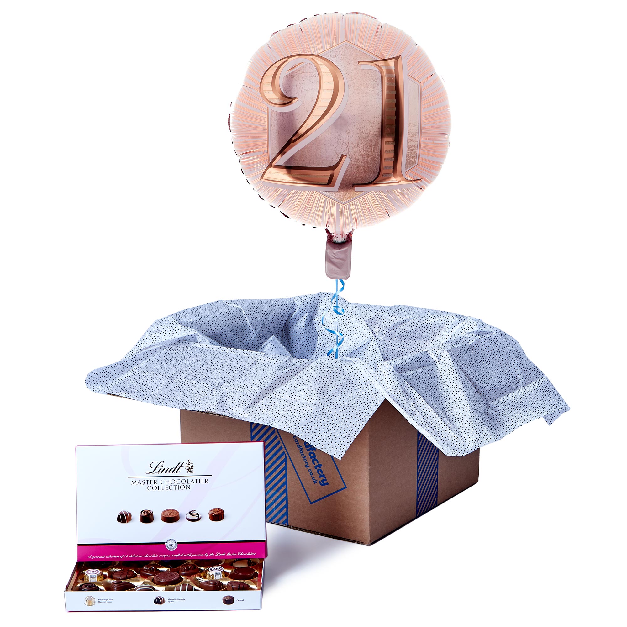 Rose Gold 21st Birthday Balloon & Lindt Chocolate Box - FREE GIFT CARD!