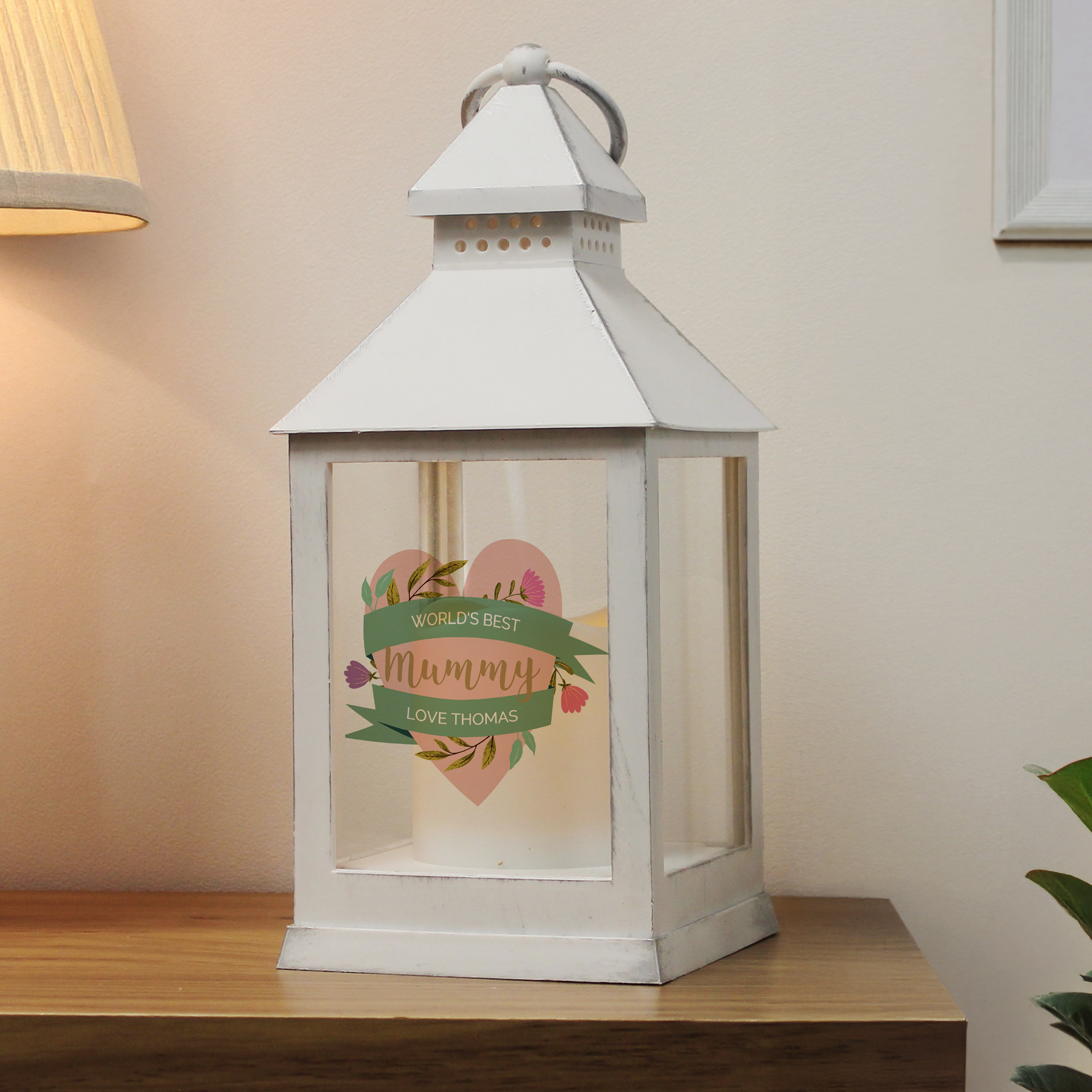 Personalised Floral Heart Mothers Day White Lantern
