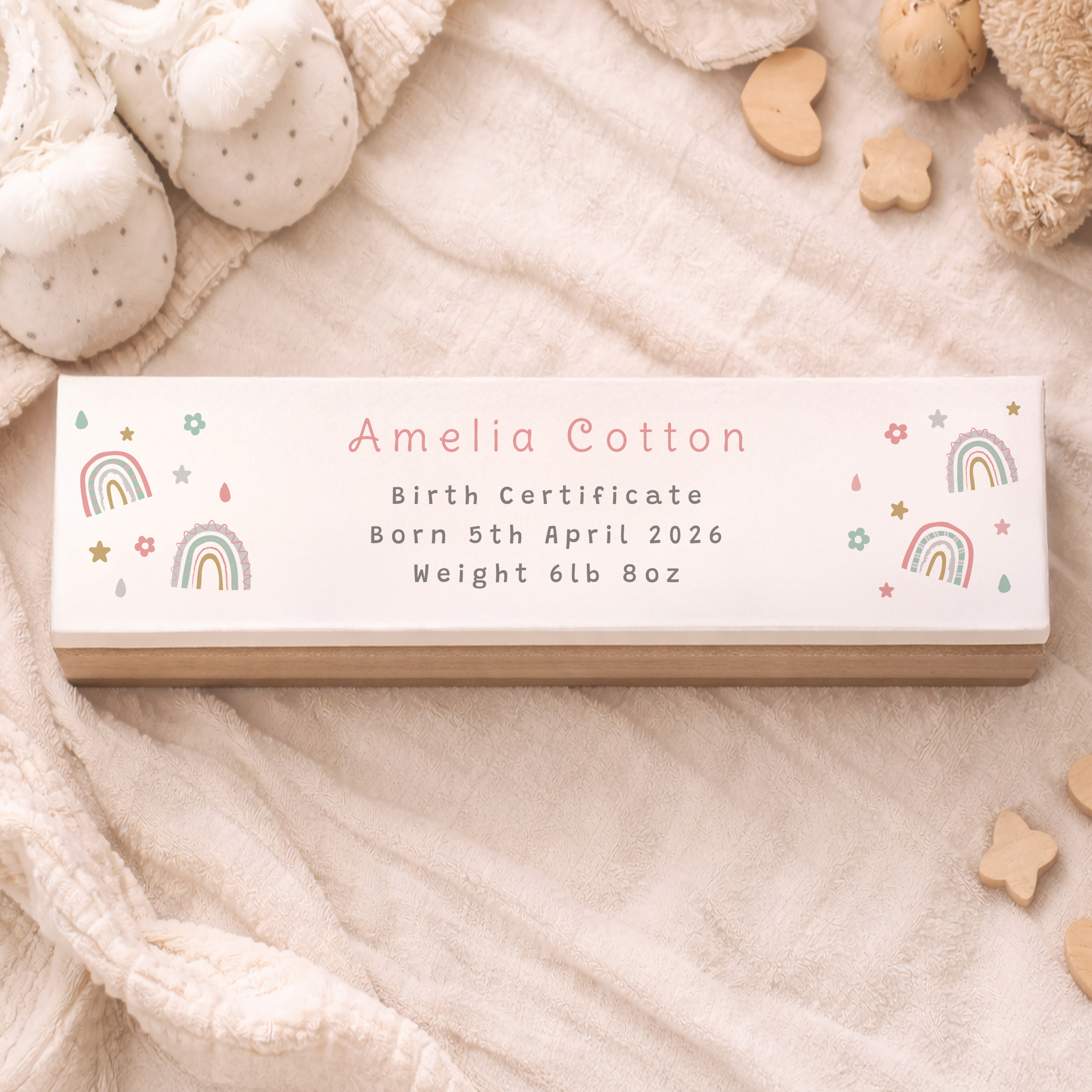 Personalised Rainbow Wooden Birth Certificate Holder