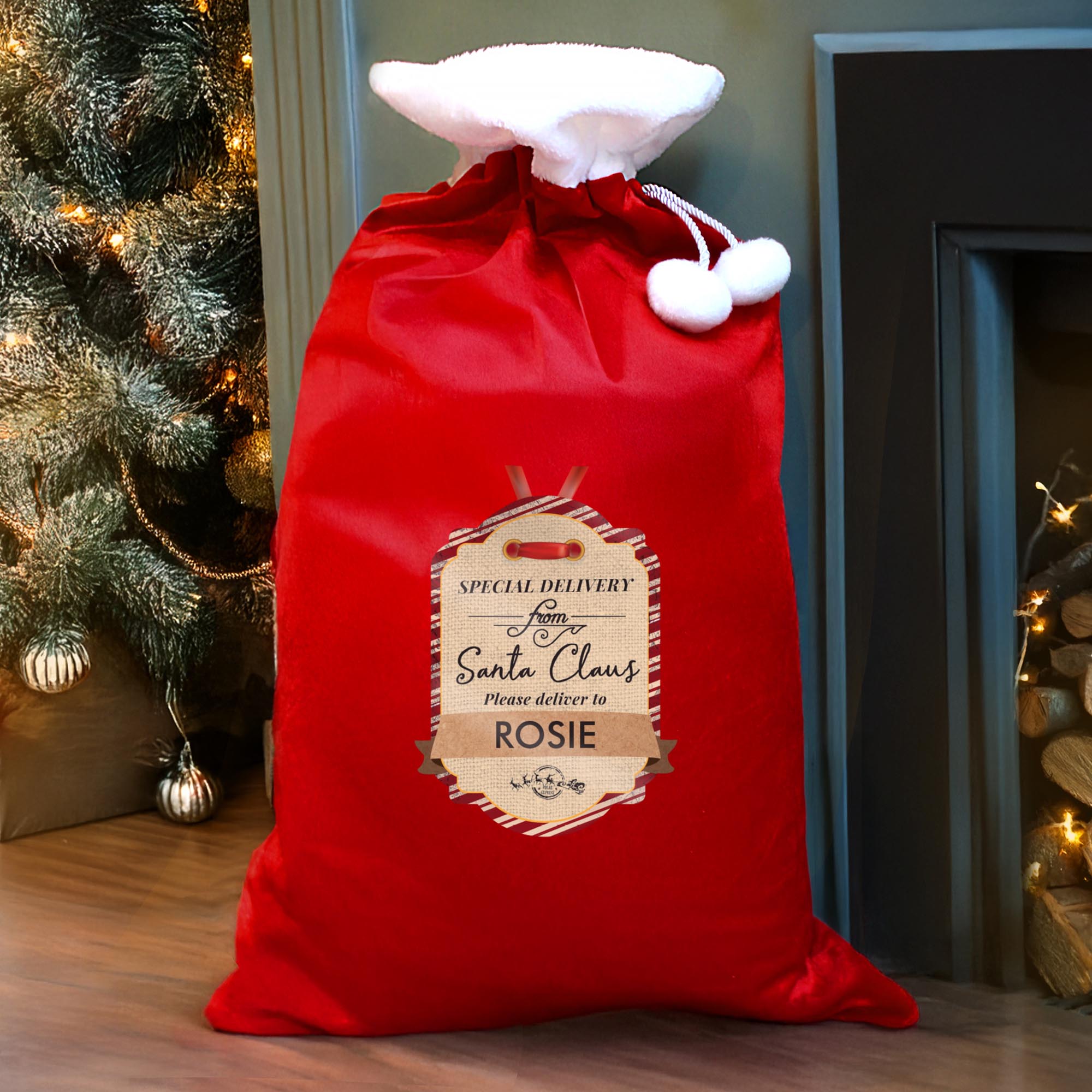 Personalised Special Delivery Luxury Pom Pom Red Sack
