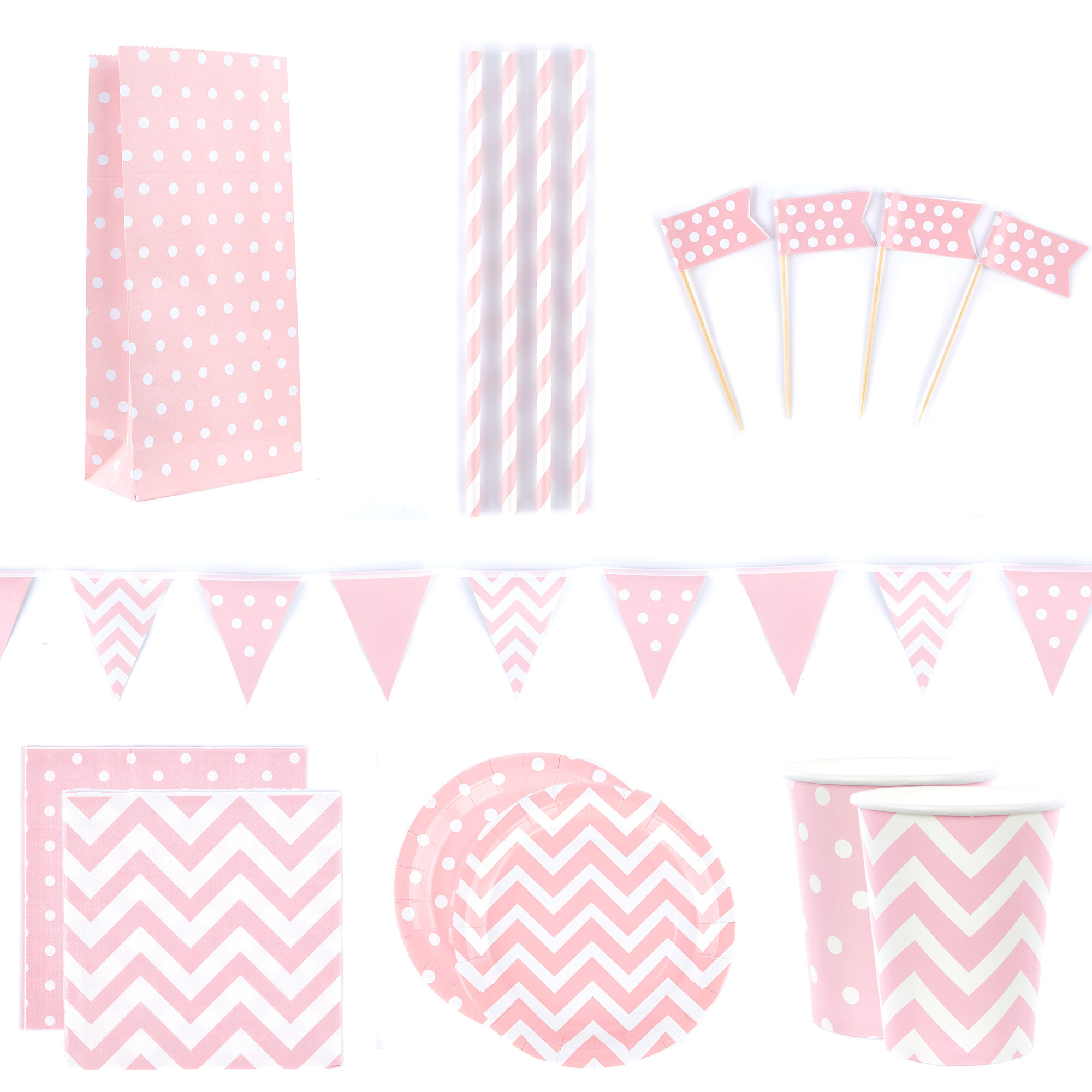 Pink Spots & Chevrons Party Tableware & Decoration Bundle - 16 Guests