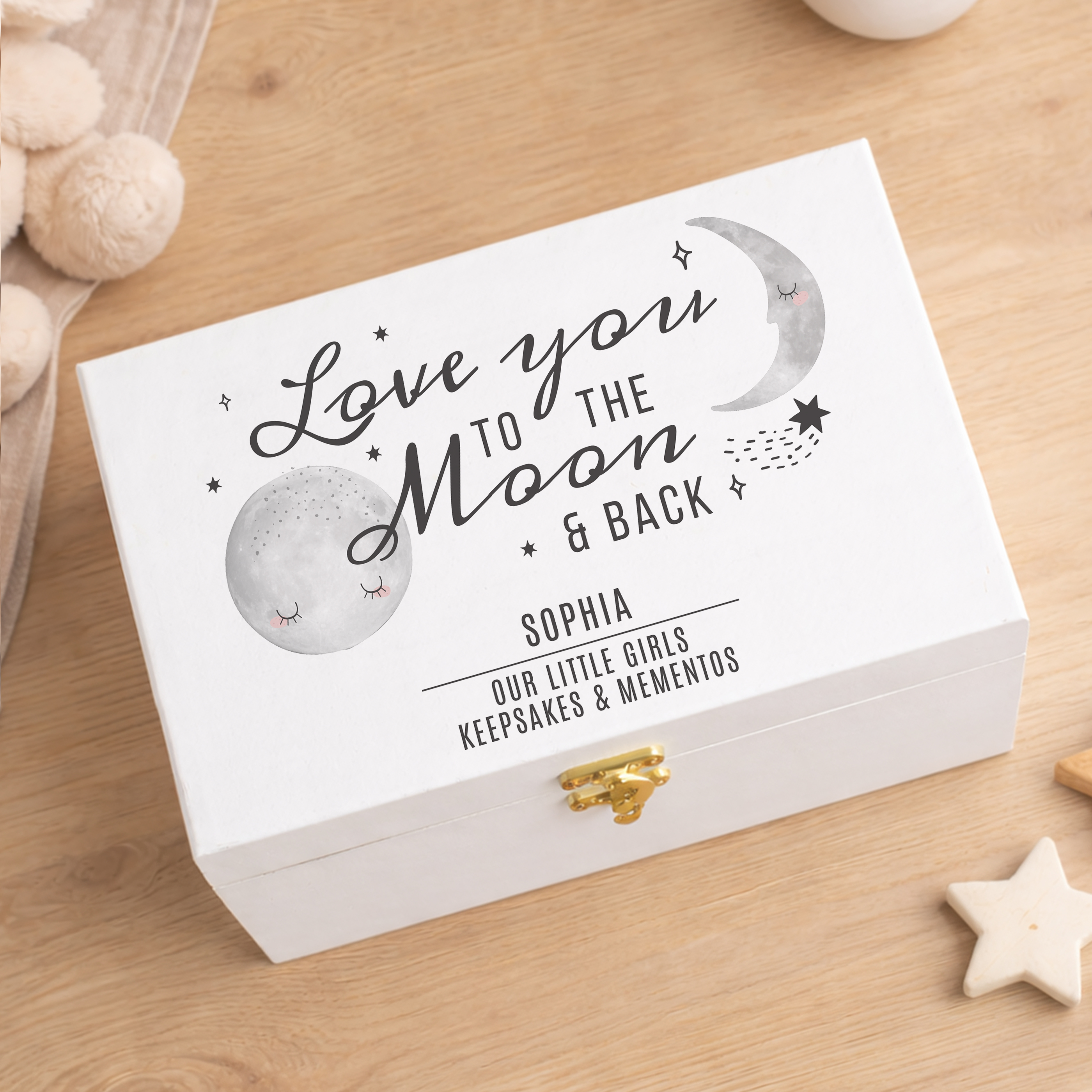 Personalised Baby To The Moon & Back White Wooden Keepsake Box