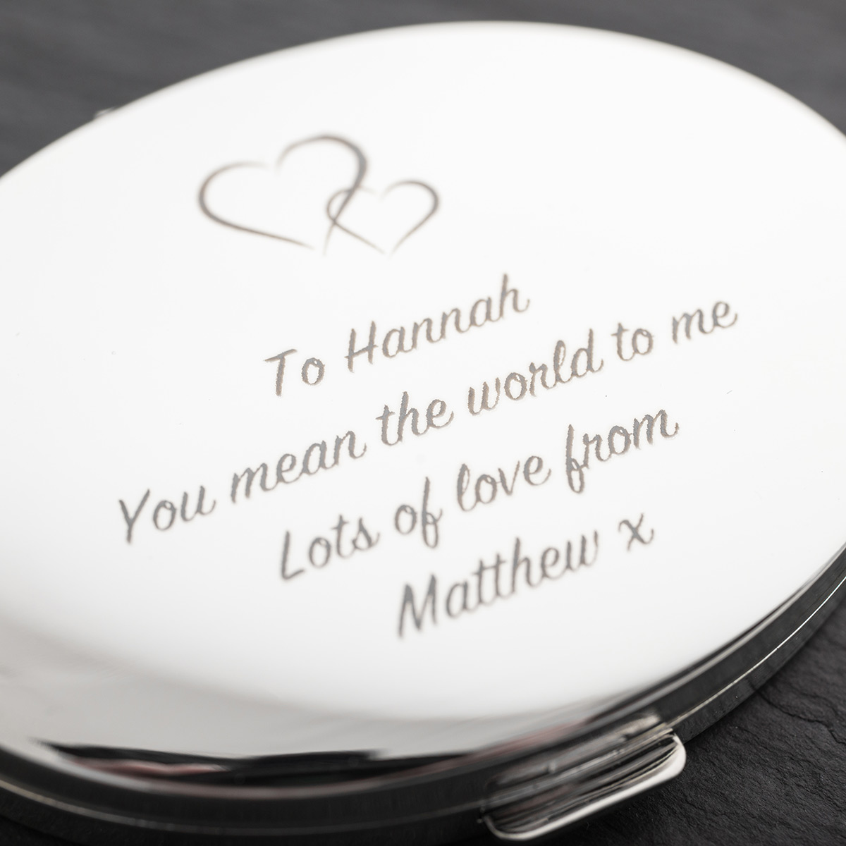 Personalised Engraved Silver Oval Compact Mirror With Hearts