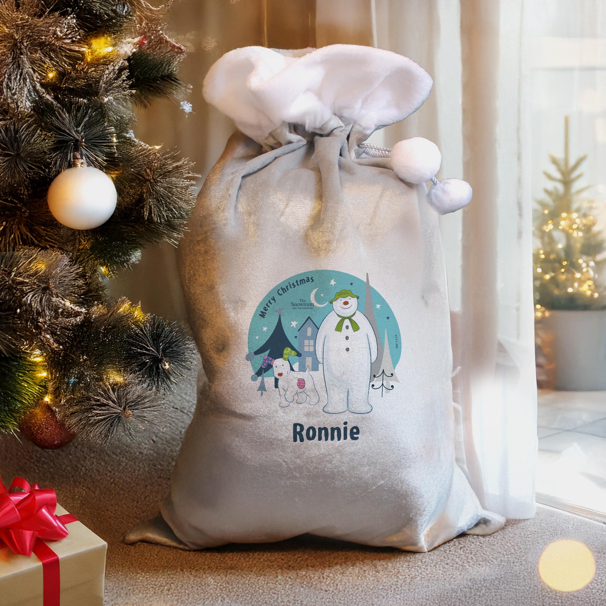 Personalised The Snowman & the Snowdog Luxury Silver Grey Pom Pom Sack