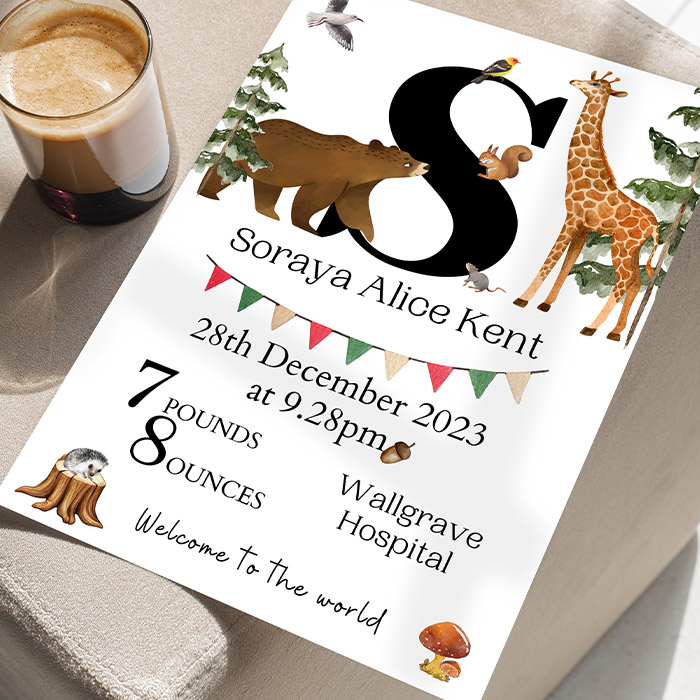 Personalised Newborn Baby Safari Print