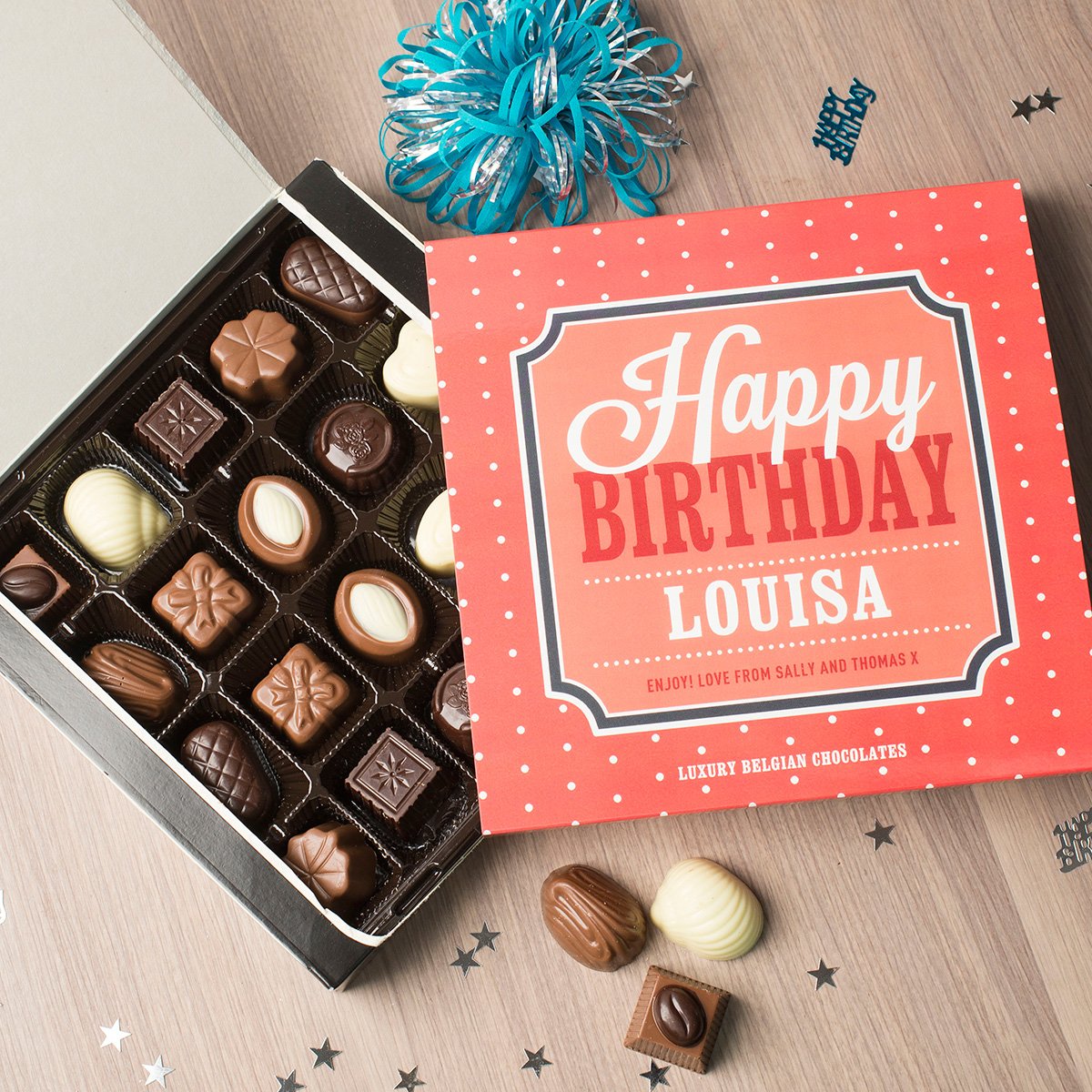 Personalised Belgian Chocolates - Happy Birthday Dots