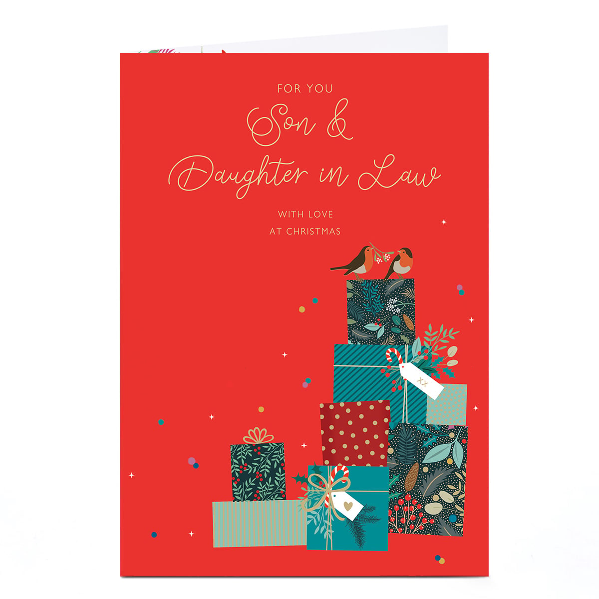 Christmas Card - Robins on Presents, Son and Daughter In Law