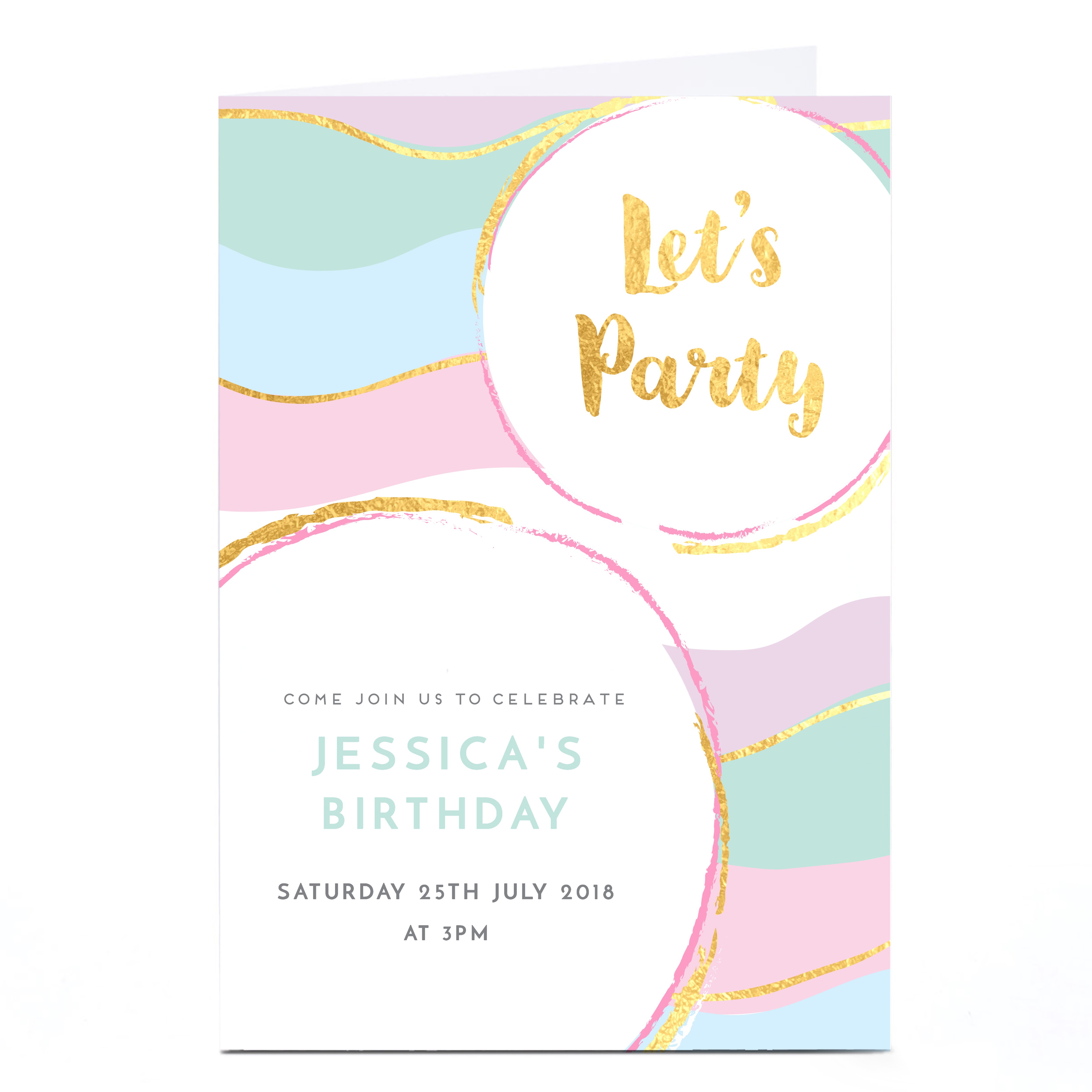 Personalised Birthday Party Invitation Gold Pastel