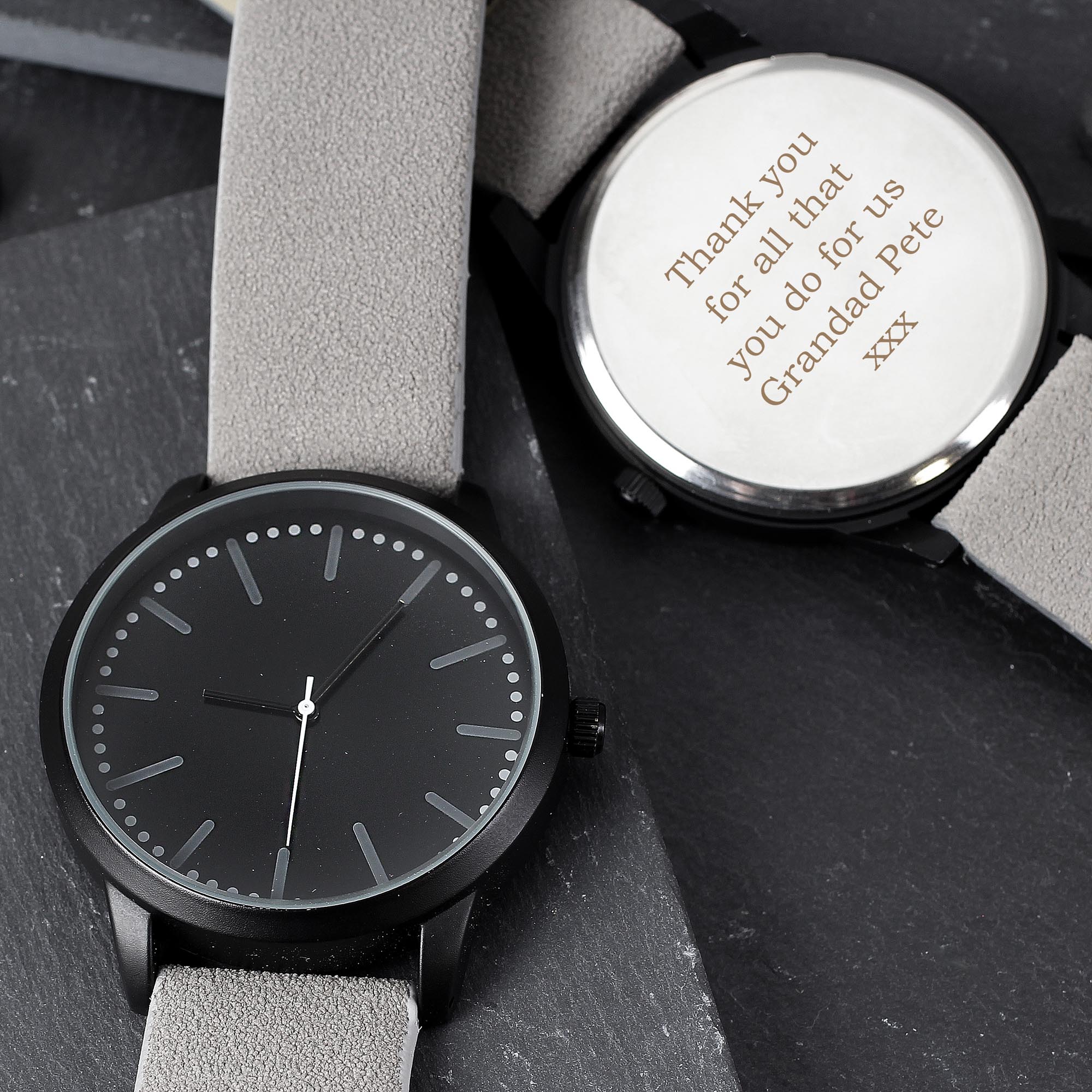 Personalised Men's Matte Black Watch with Grey Strap & Presentation Box