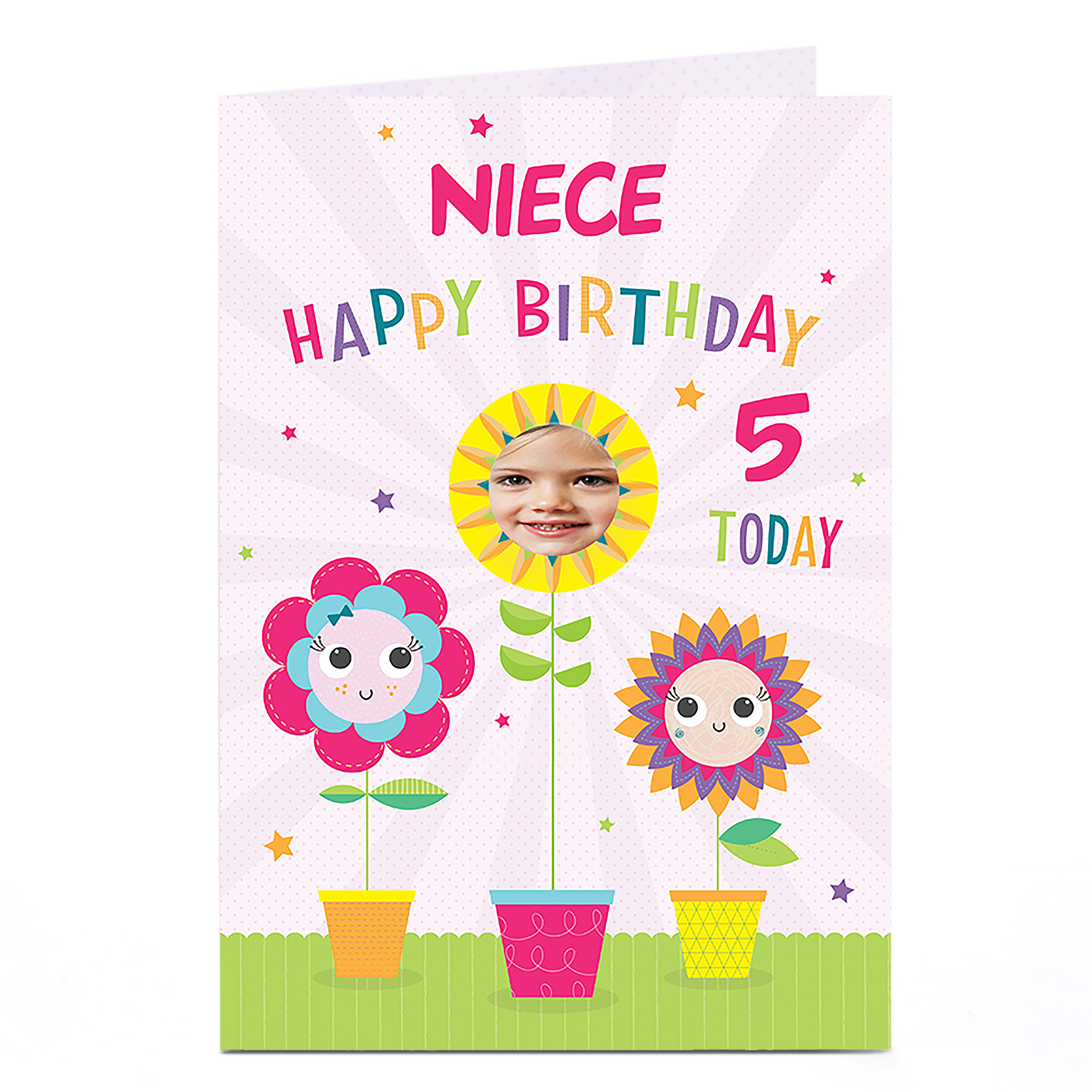Photo Editable Age Birthday Card - Flowerpots Niece