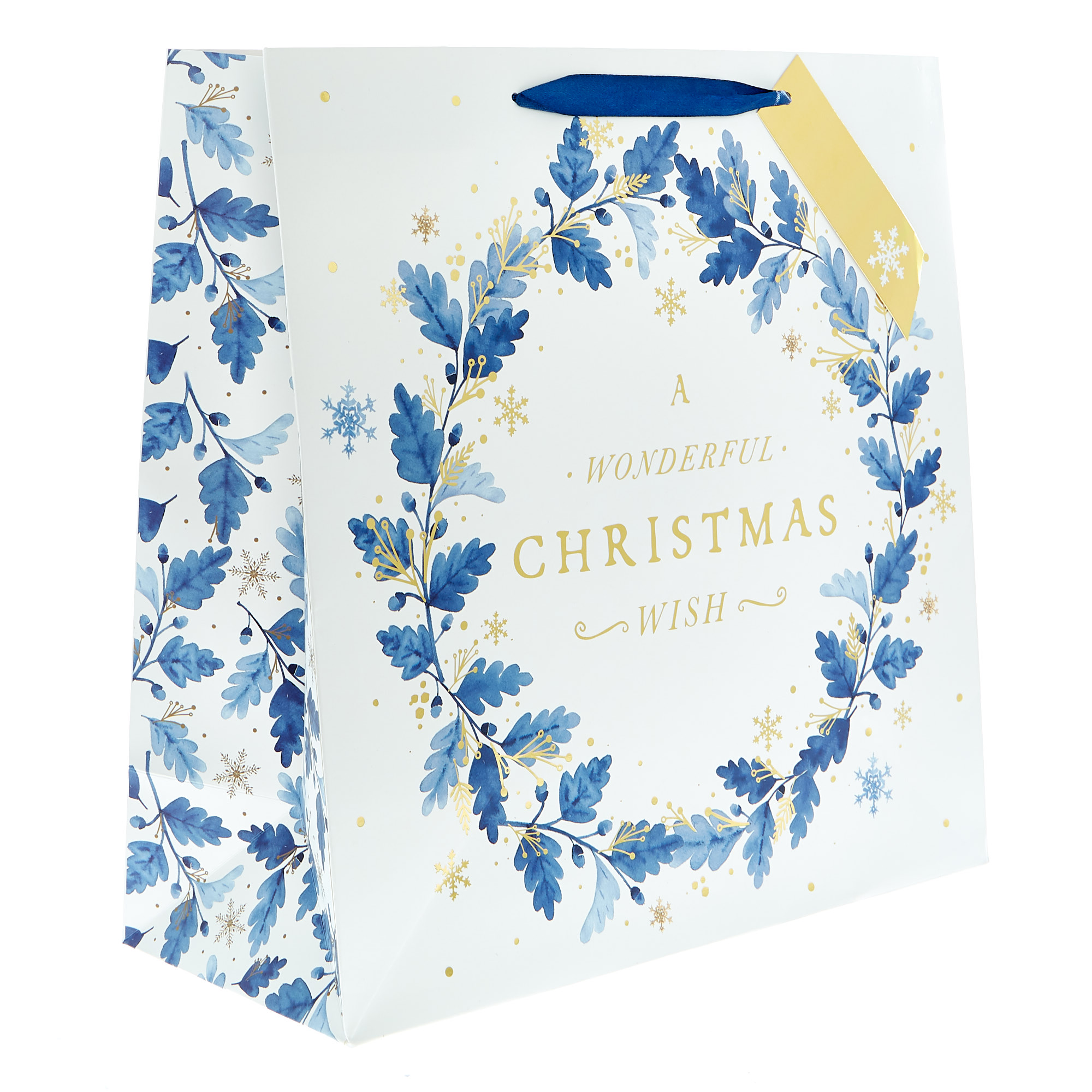 Large Square Blue Leaves Christmas Gift Bag