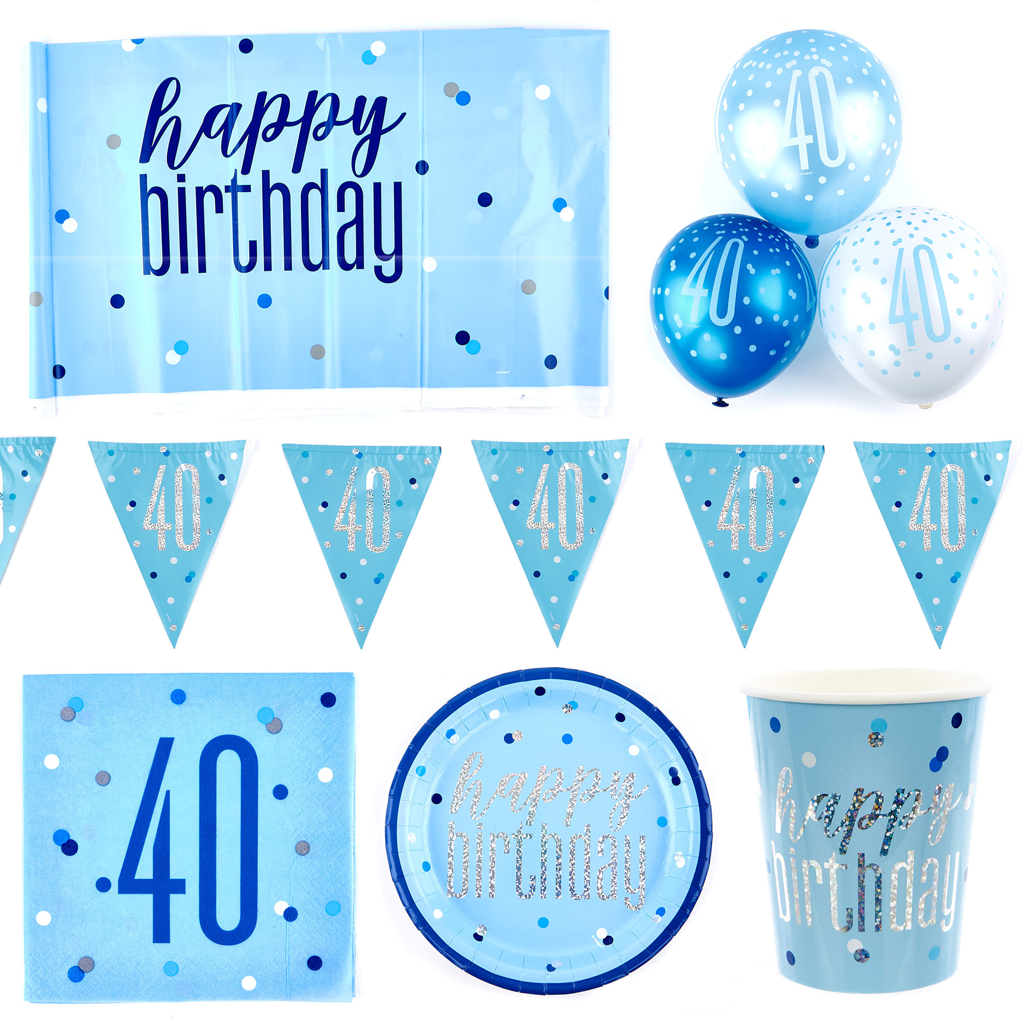 Blue 40th Birthday Party Decoration Kit – Tablecloth, Plates, Napkins & Foil Banner | Complete Set