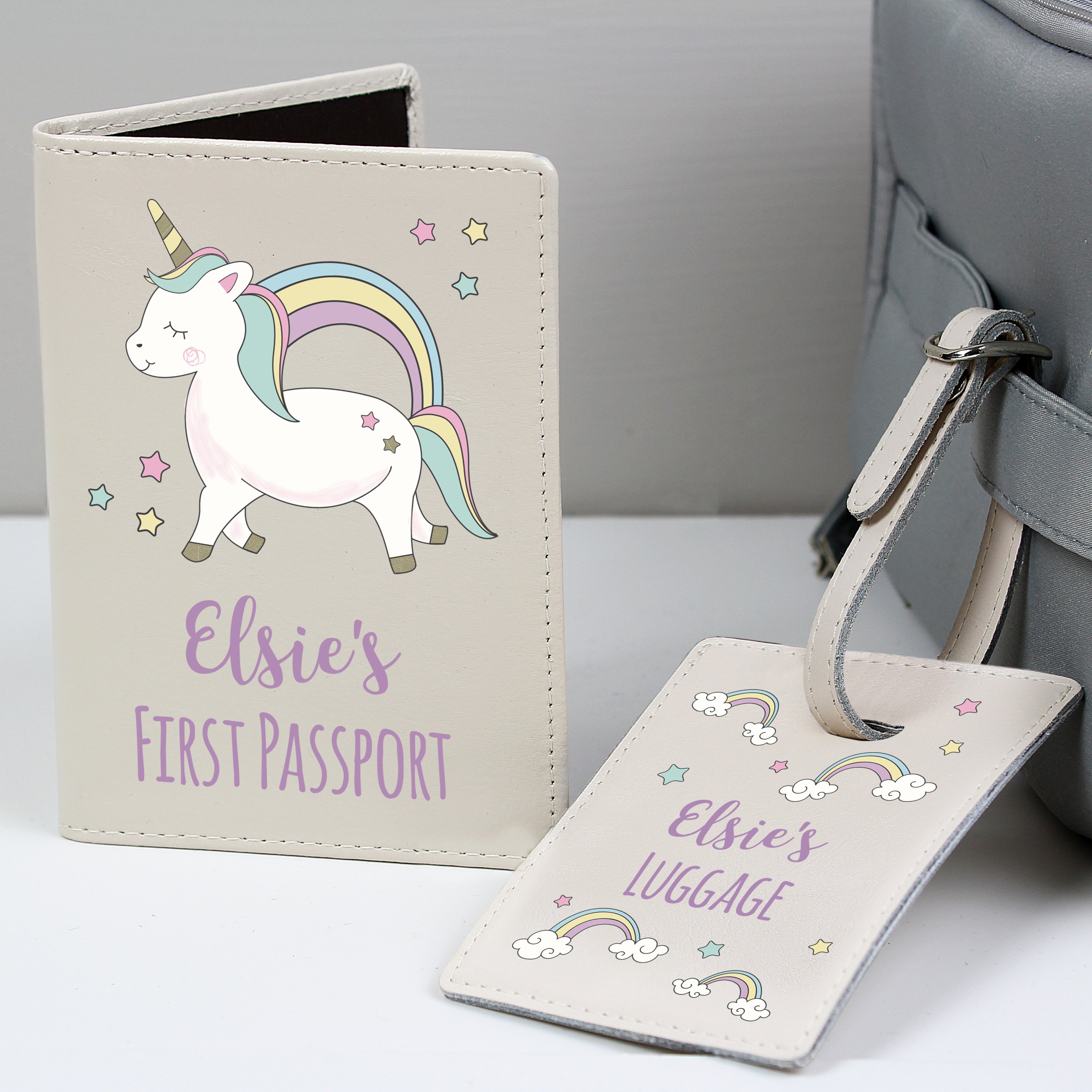 Image of Personalised Baby Unicorn Passport Holder &amp; Luggage Tag Set