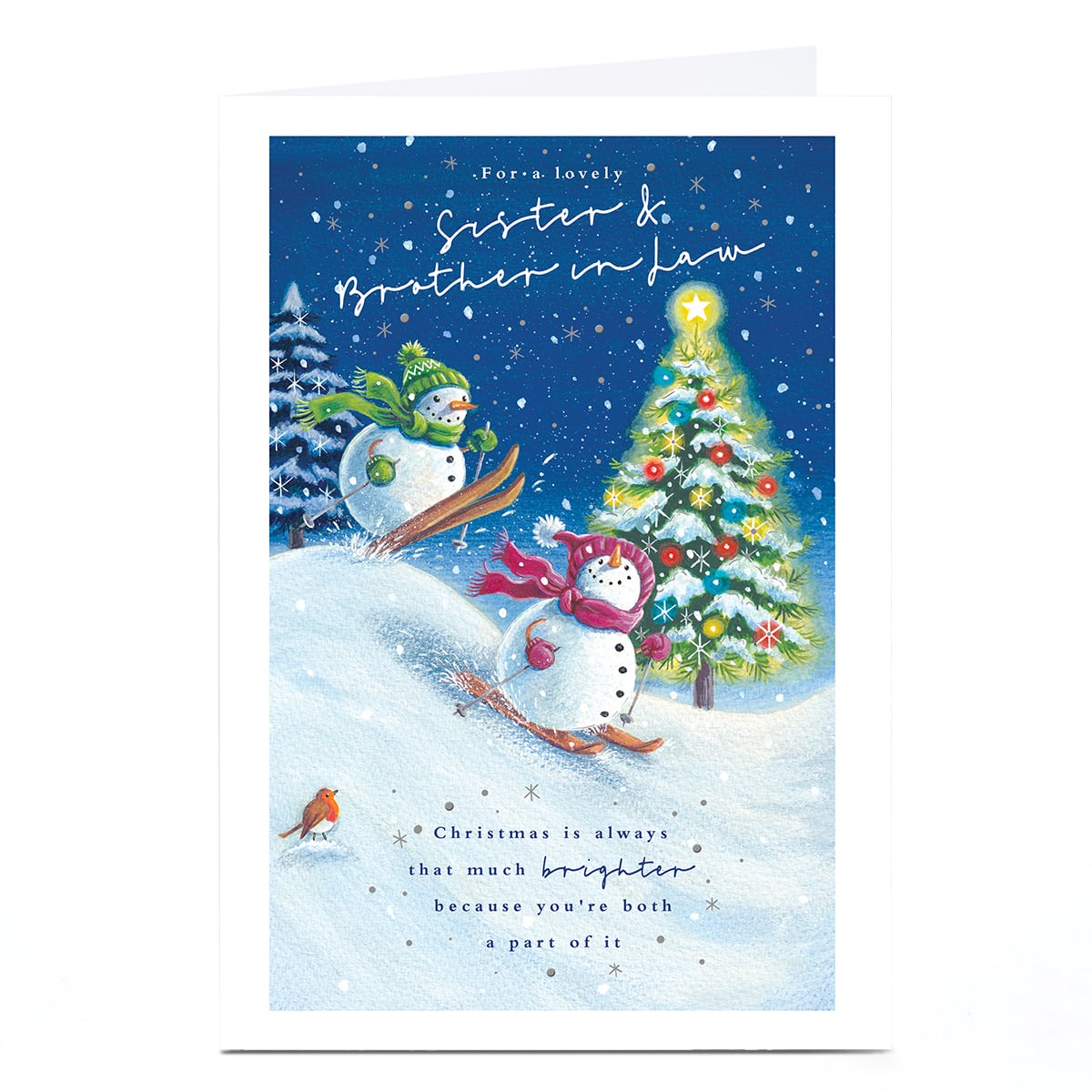 Christmas Card - Snowpeople Skiing, Sister & Brother In Law