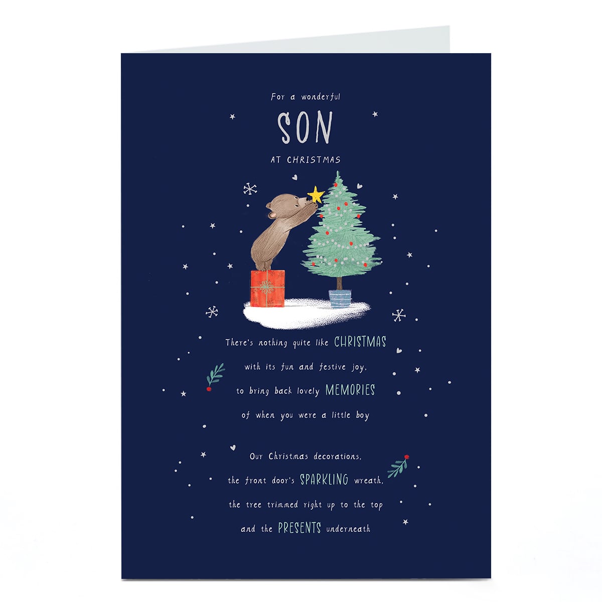 Christmas Card - Bear Putting Star on Tree, Wonderful Son