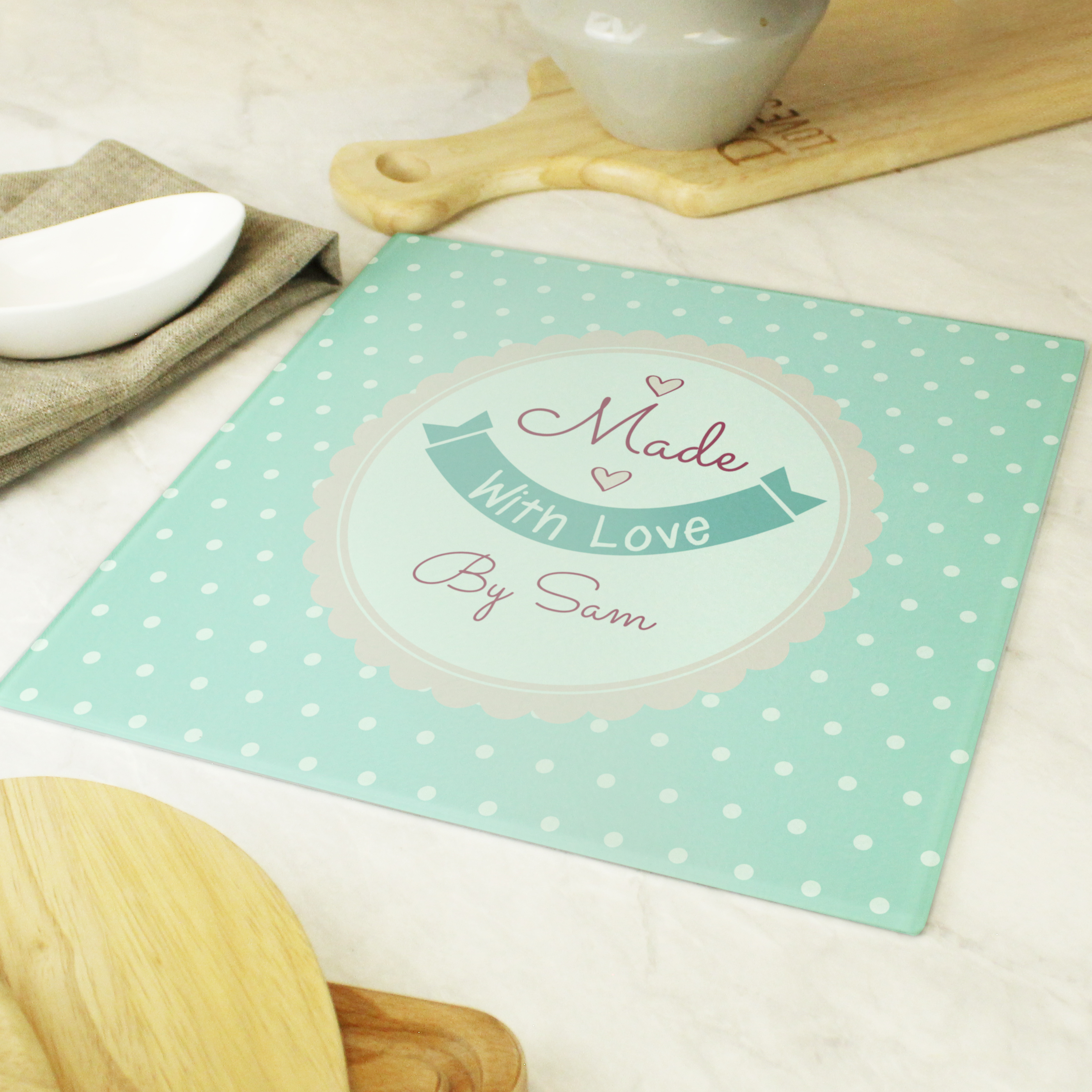 Personalised Made with Love Glass Chopping Board