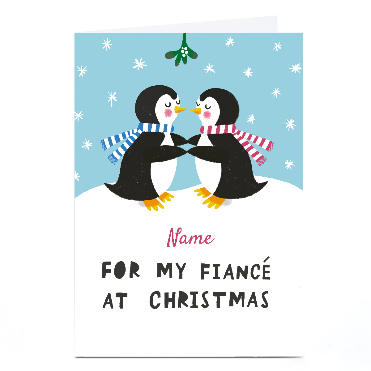 Personalised Stevie Studio Christmas Card - Penguins Couple Under Mistletoe, Fiance