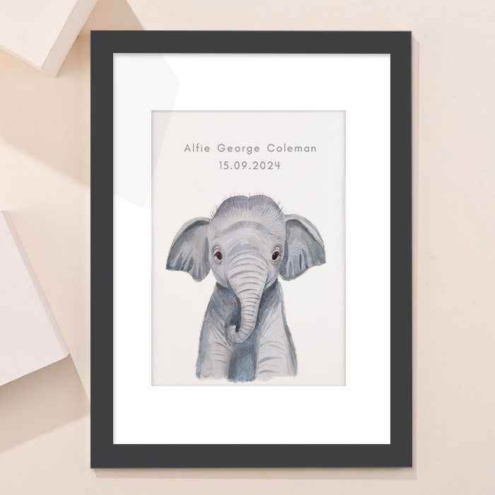 Personalised New Born Elephant Framed Print