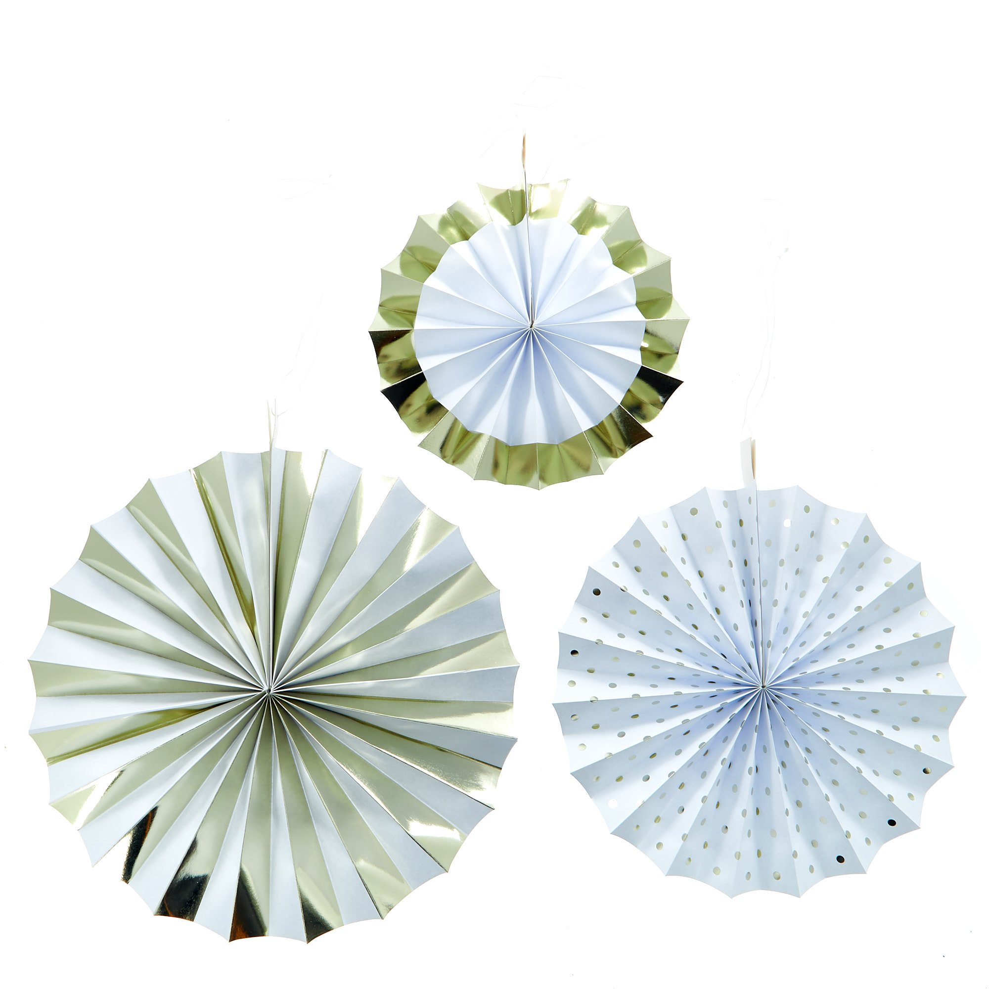 White & Gold Paper Fan Decorations - Pack Of 3