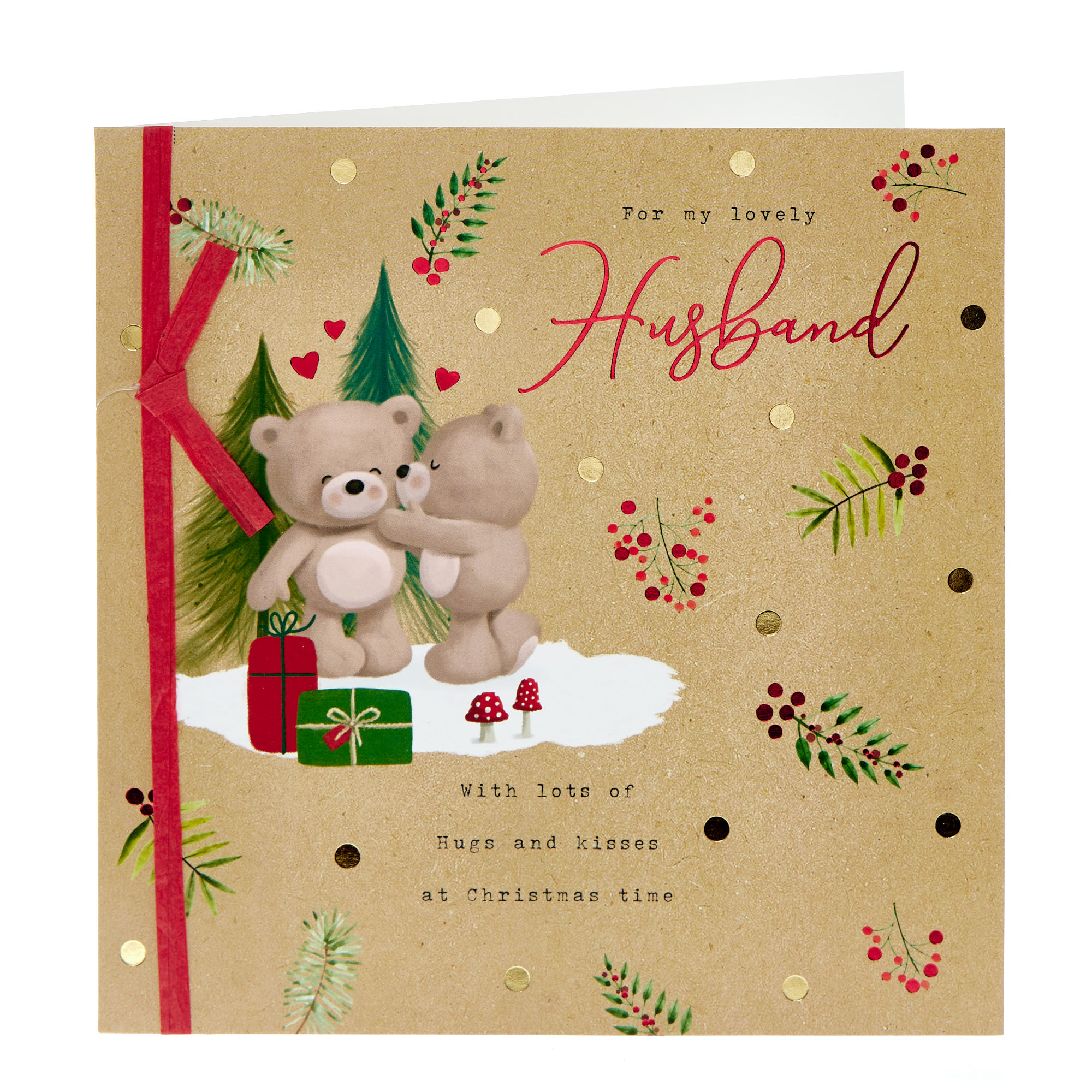 Husband Cute Hugs Bears Holly Christmas Card