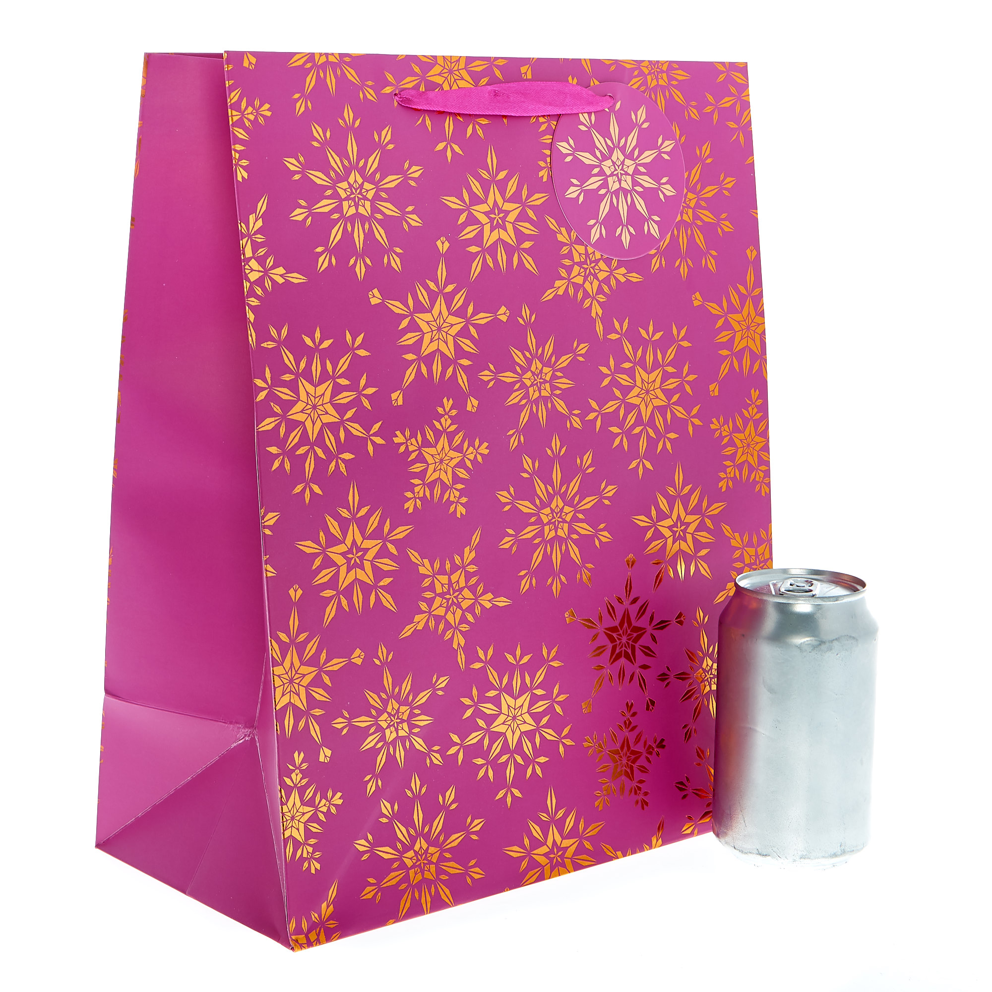 Large Portrait Pink & Bronze Snowflakes Christmas Gift Bag