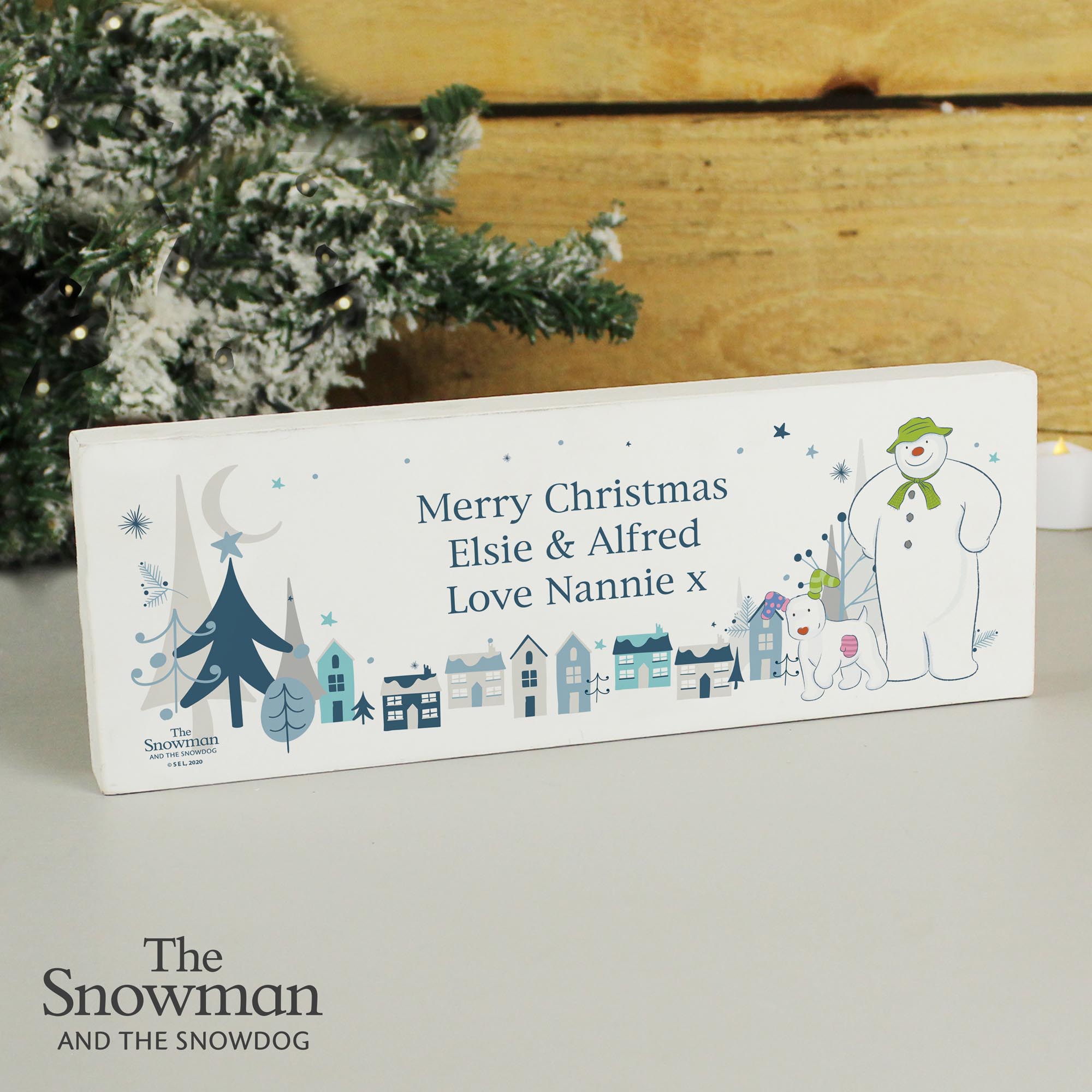 Personalised The Snowman and the Snowdog Wooden Mantel Decoration