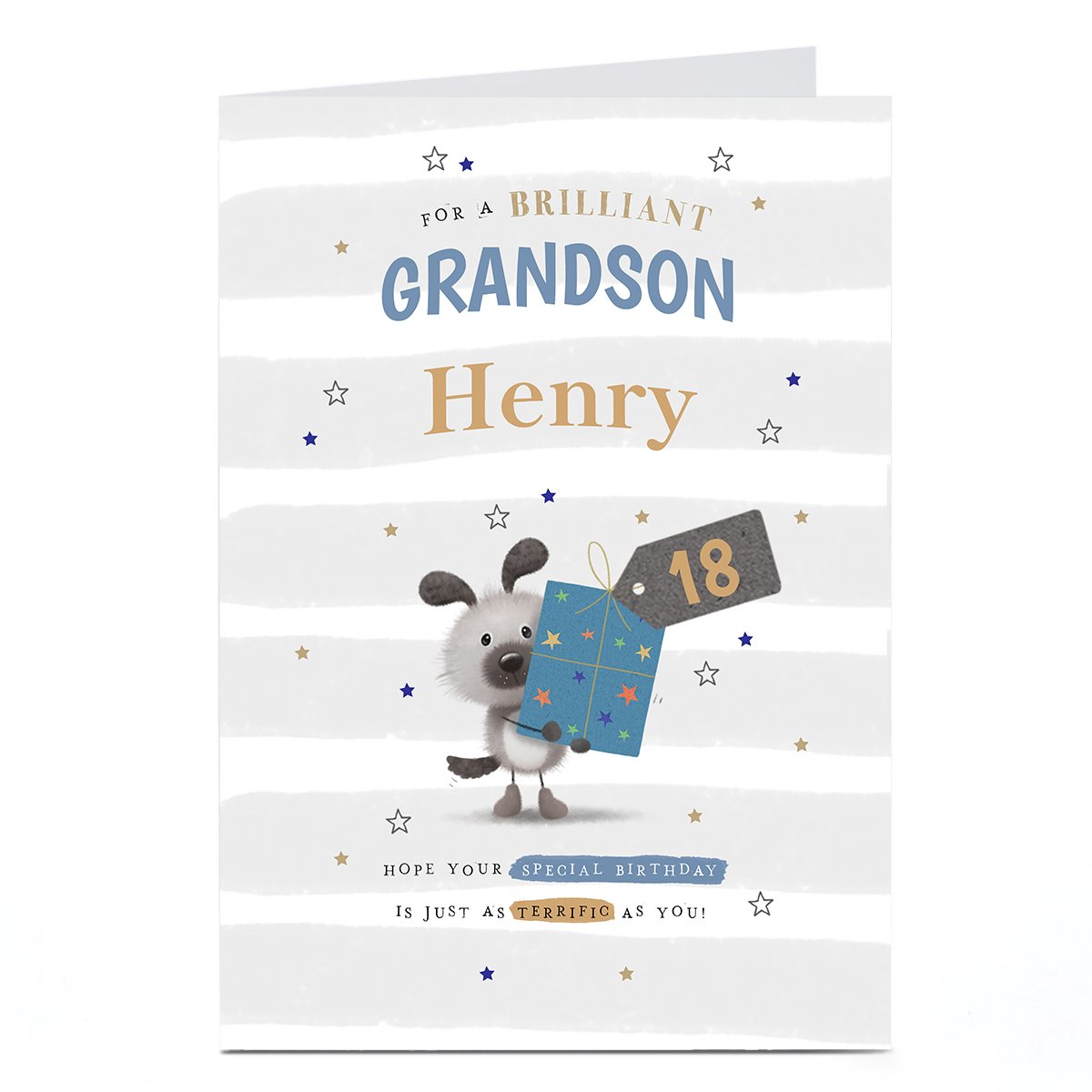 Personalised Birthday Card - Dog with Gift, Editable Age