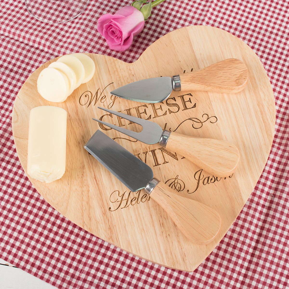 Personalised Engraved Heart-Shaped Wooden Cheeseboard Set - Like Cheese & Wine