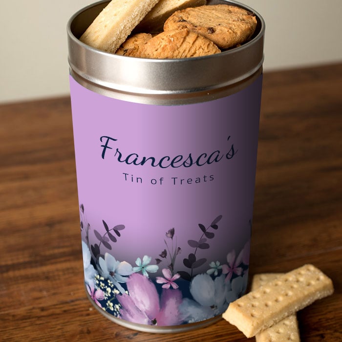 Personalised Tin with Biscuits - Purple Floral, Tin of Treats