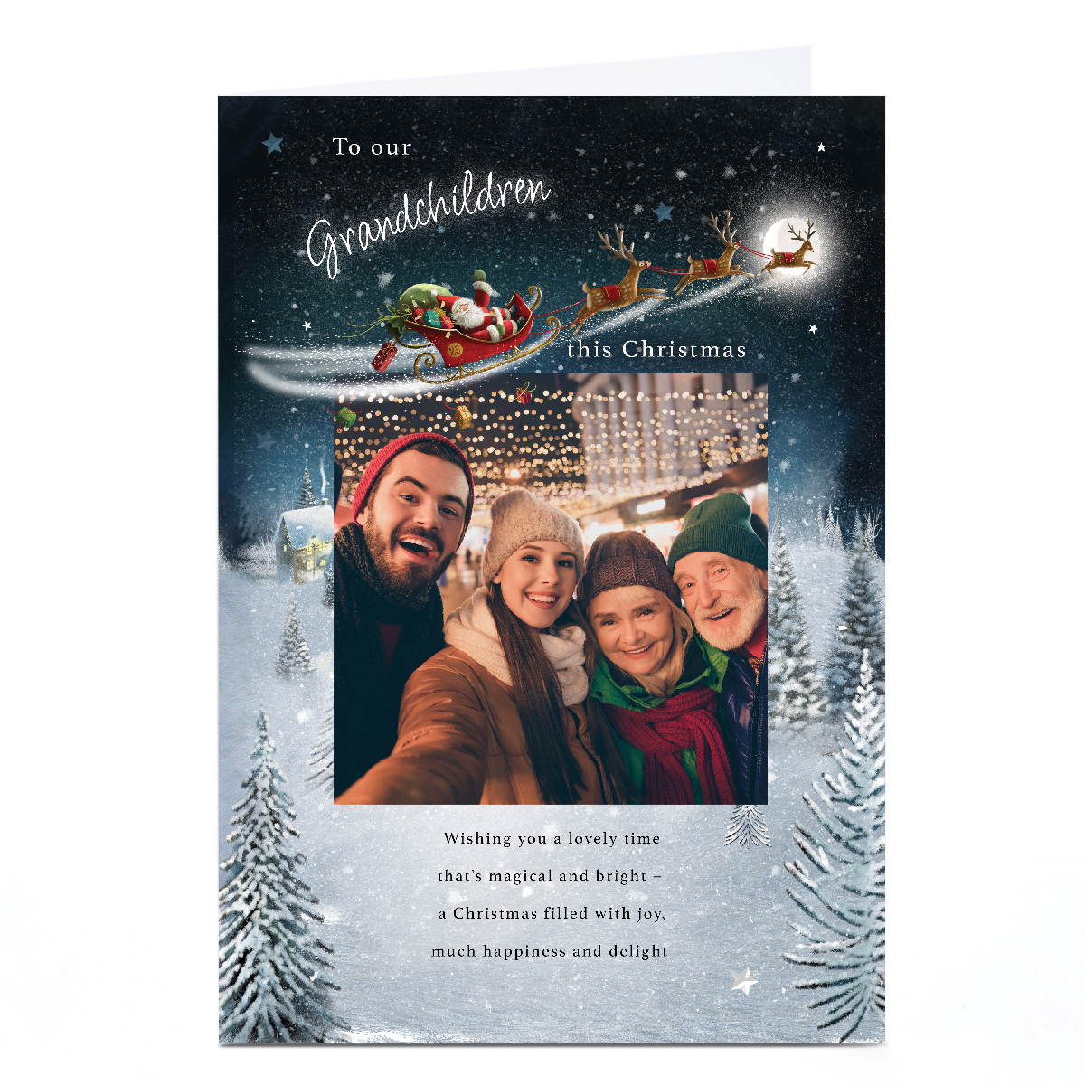 Photo Christmas Card - Santa's Sleigh over Snowy Town, Grandchildren