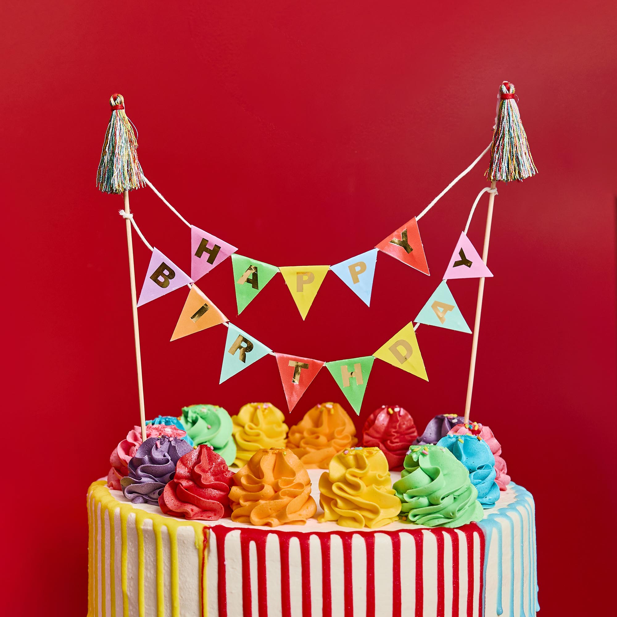 Happy Birthday Bunting Card Cake Topper & Thread Tassels