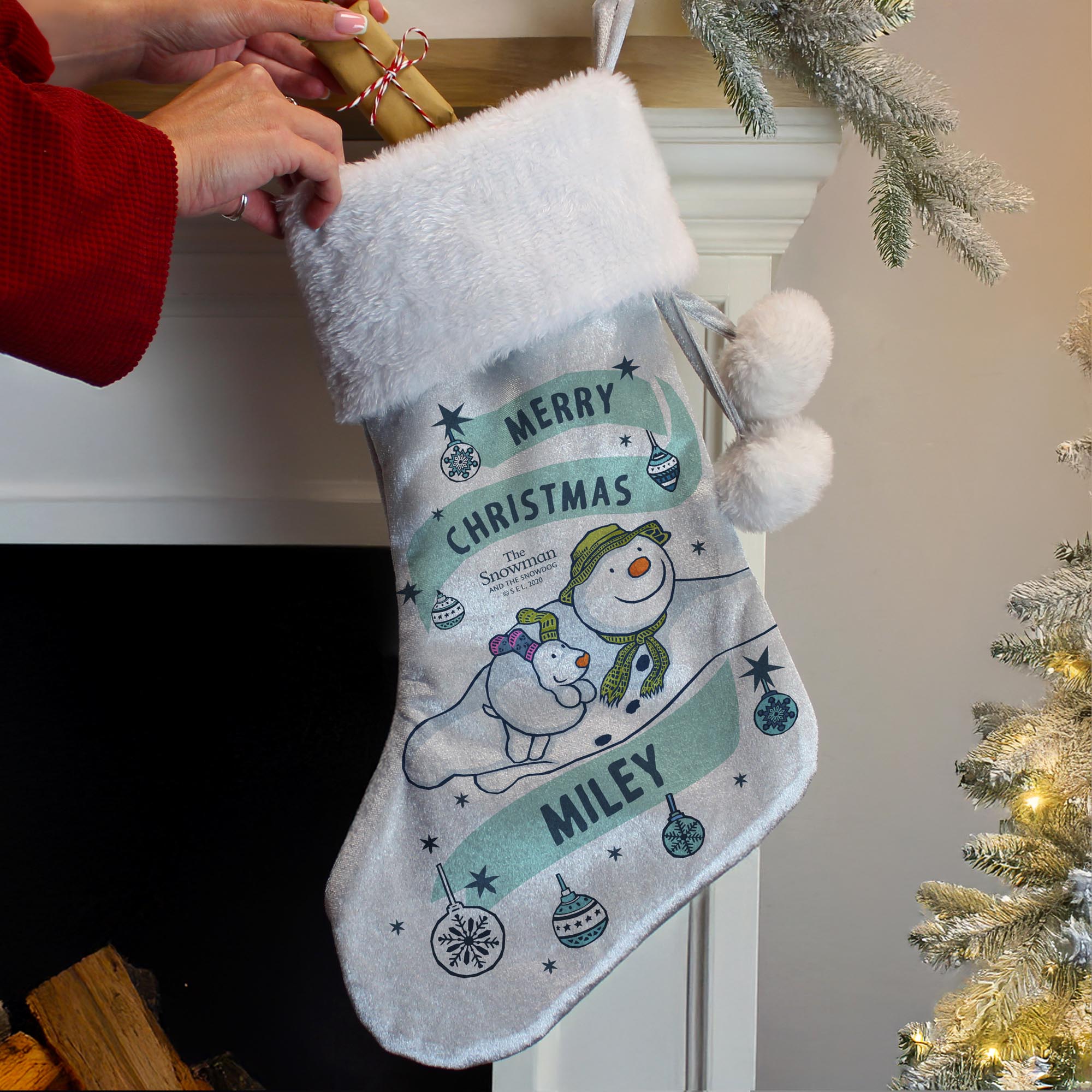 Personalised The Snowman & the Snowdog Luxury Silver Grey Stocking