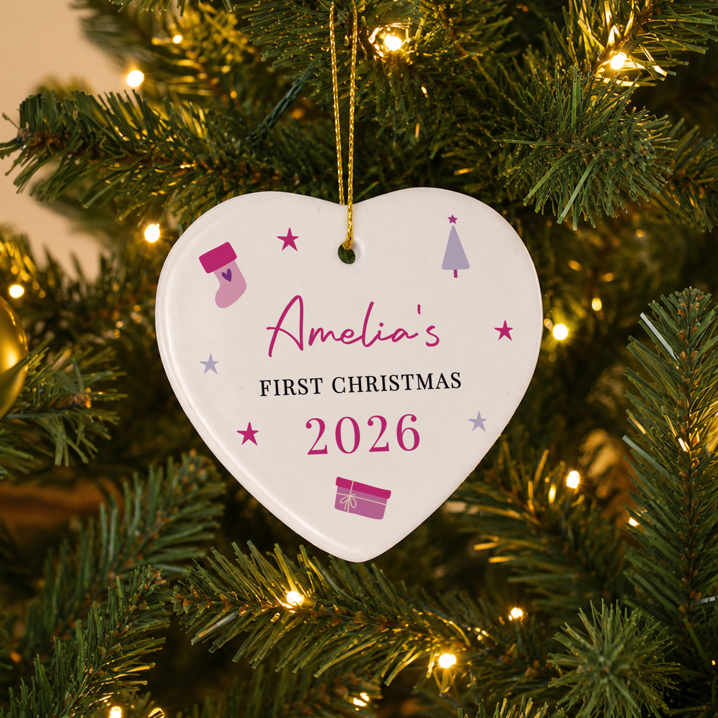 Personalised First Christmas Pink Ceramic Heart Decoration