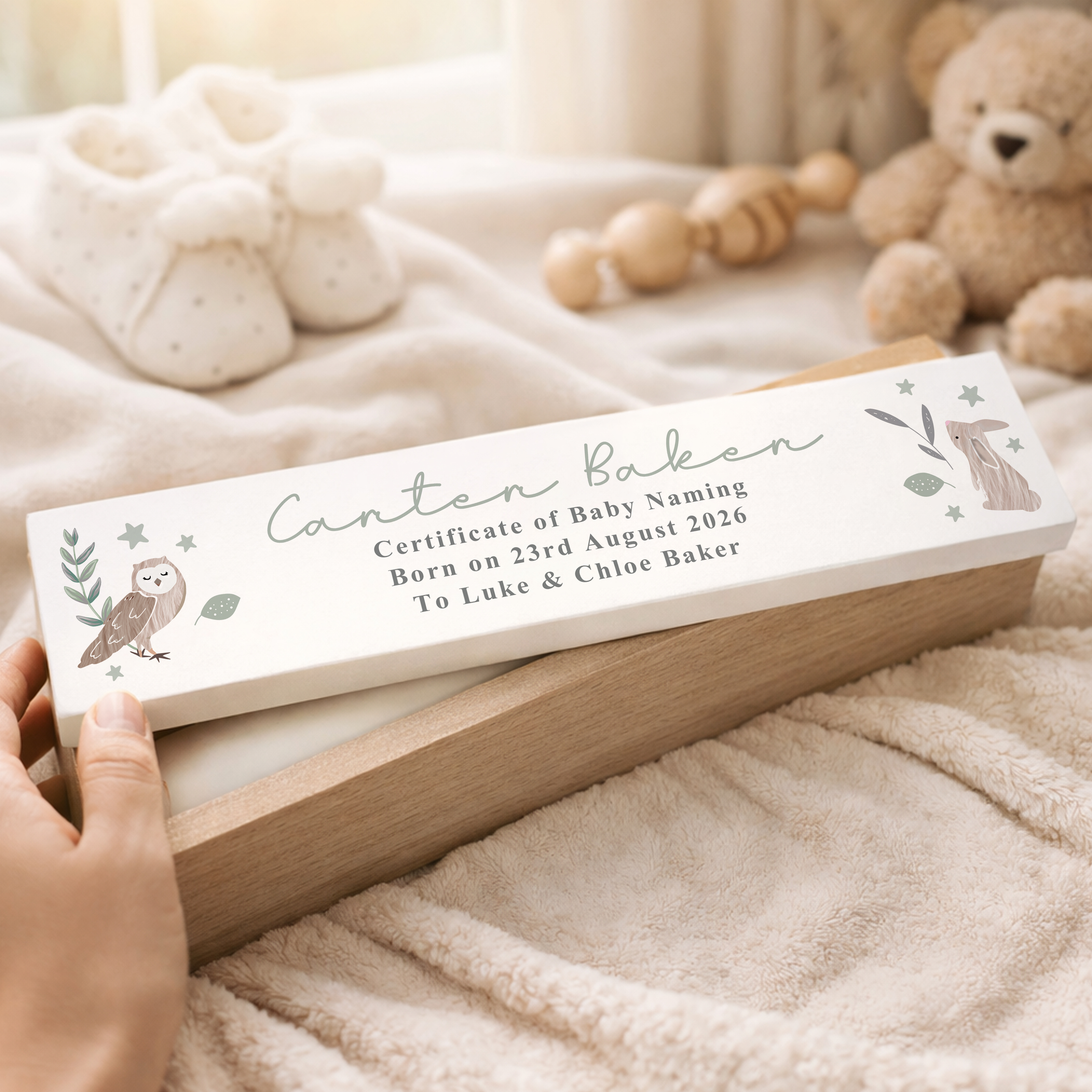 Personalised Woodland Animals Wooden Birth Certificate Holder