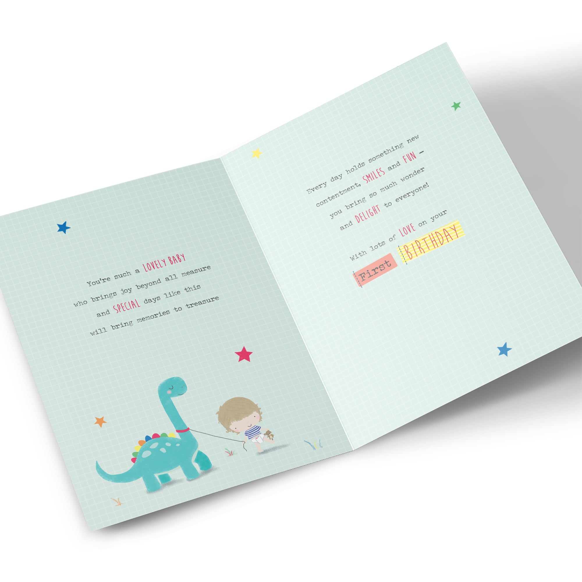 1st Birthday Card - Boy With Dinosaur