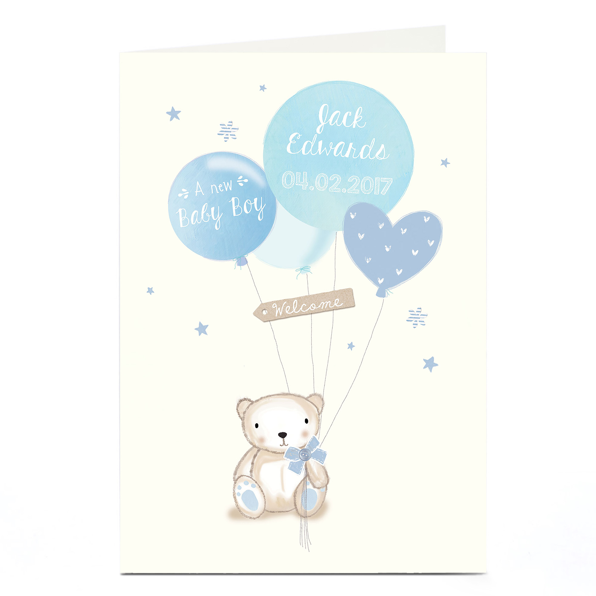 Personalised New Baby Card - Baby Boy Bear & Balloons