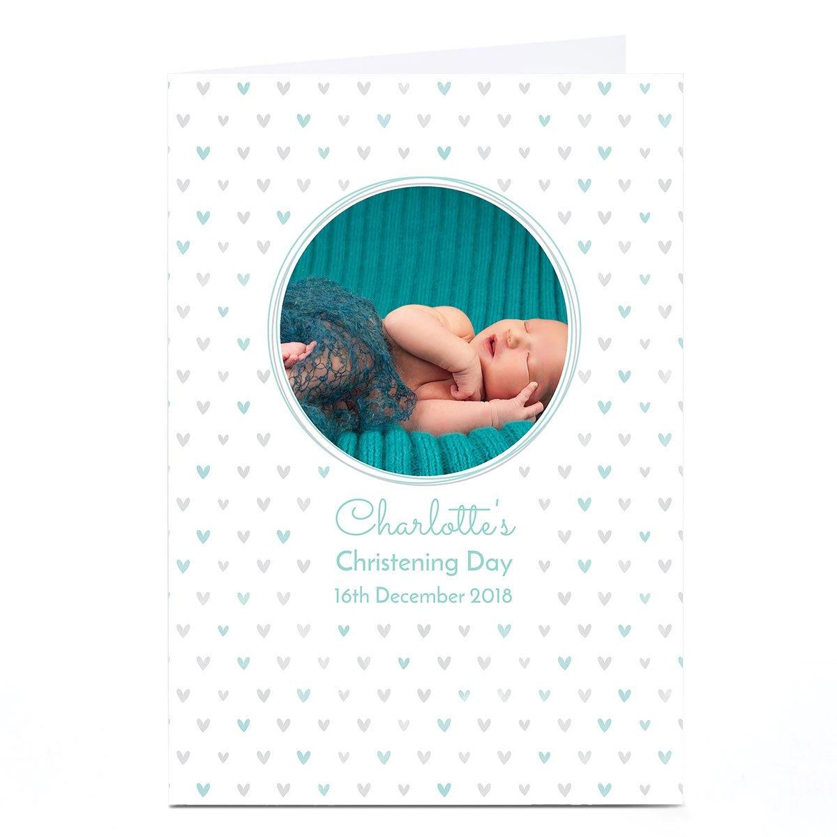 Photo Christening Card - Blue Hearts