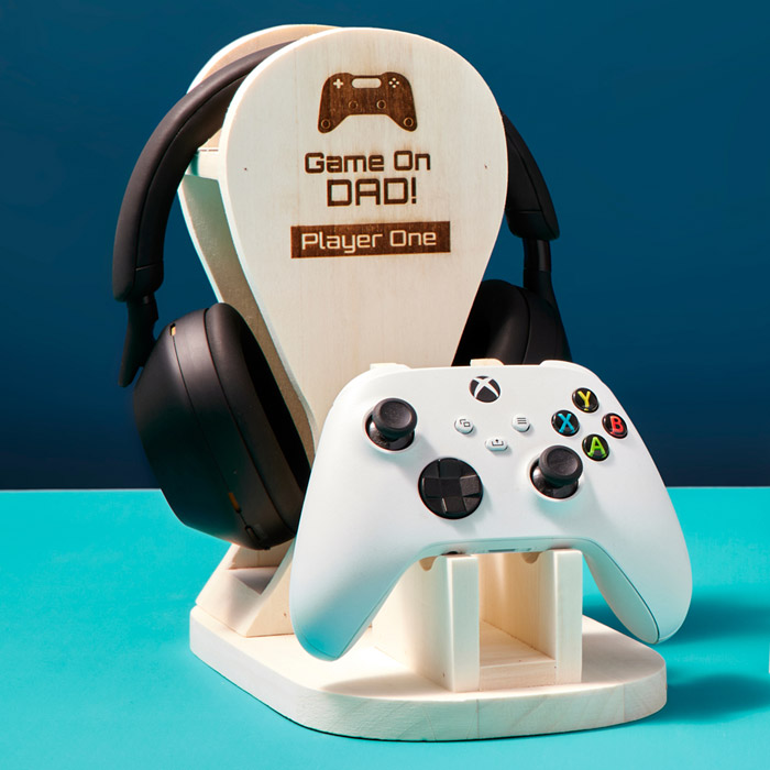 Personalised Wooden Engraved Games Controller & Headset Holder - Game On
