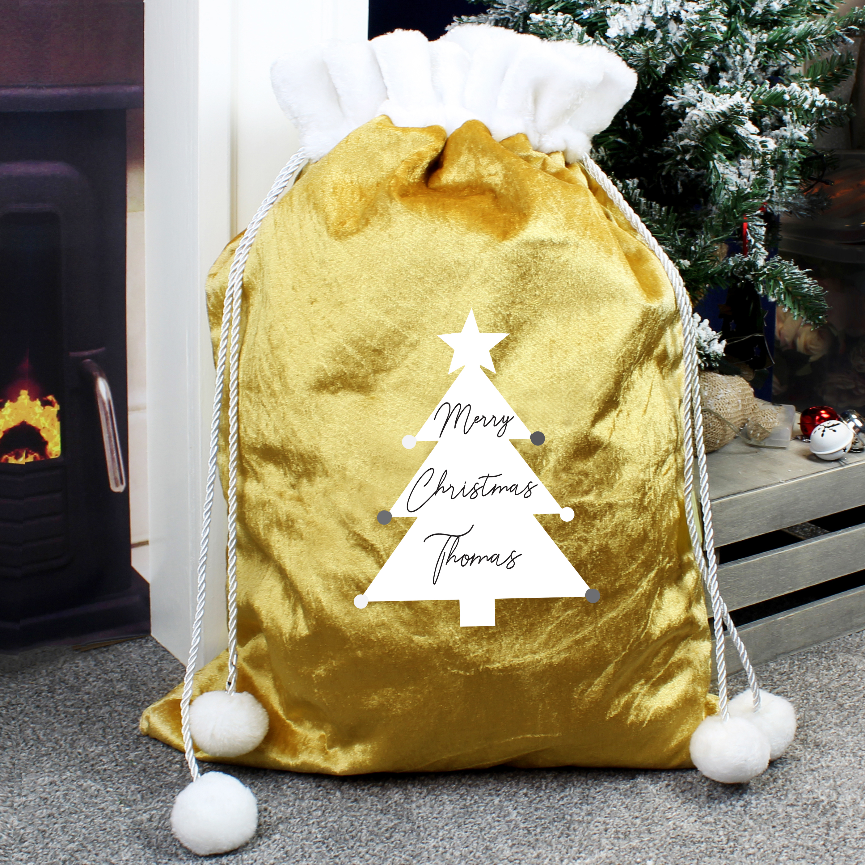 Personalised Gold Pom-Pom Christmas Tree Sack