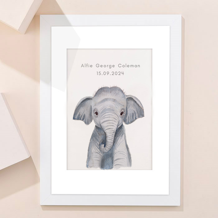 Personalised New Born Elephant Framed Print