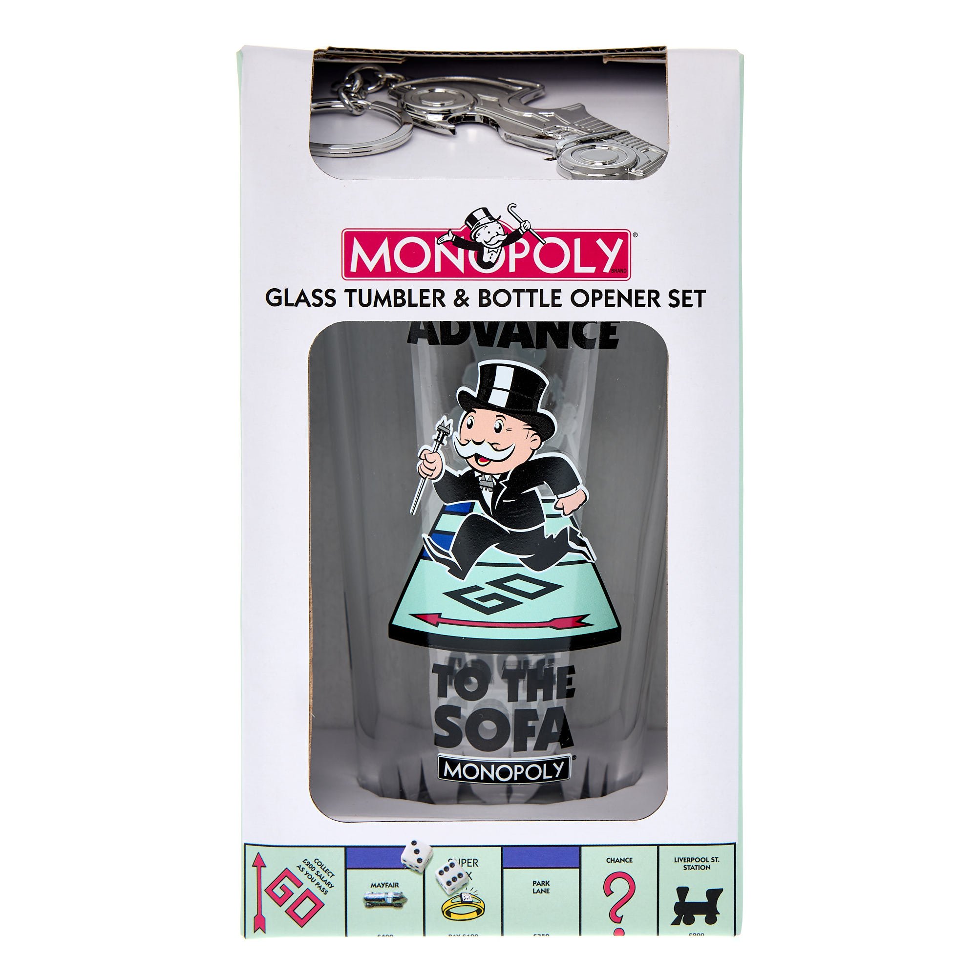 Advance to the Sofa Monopoly Tumbler & Bottle Opener Keyring