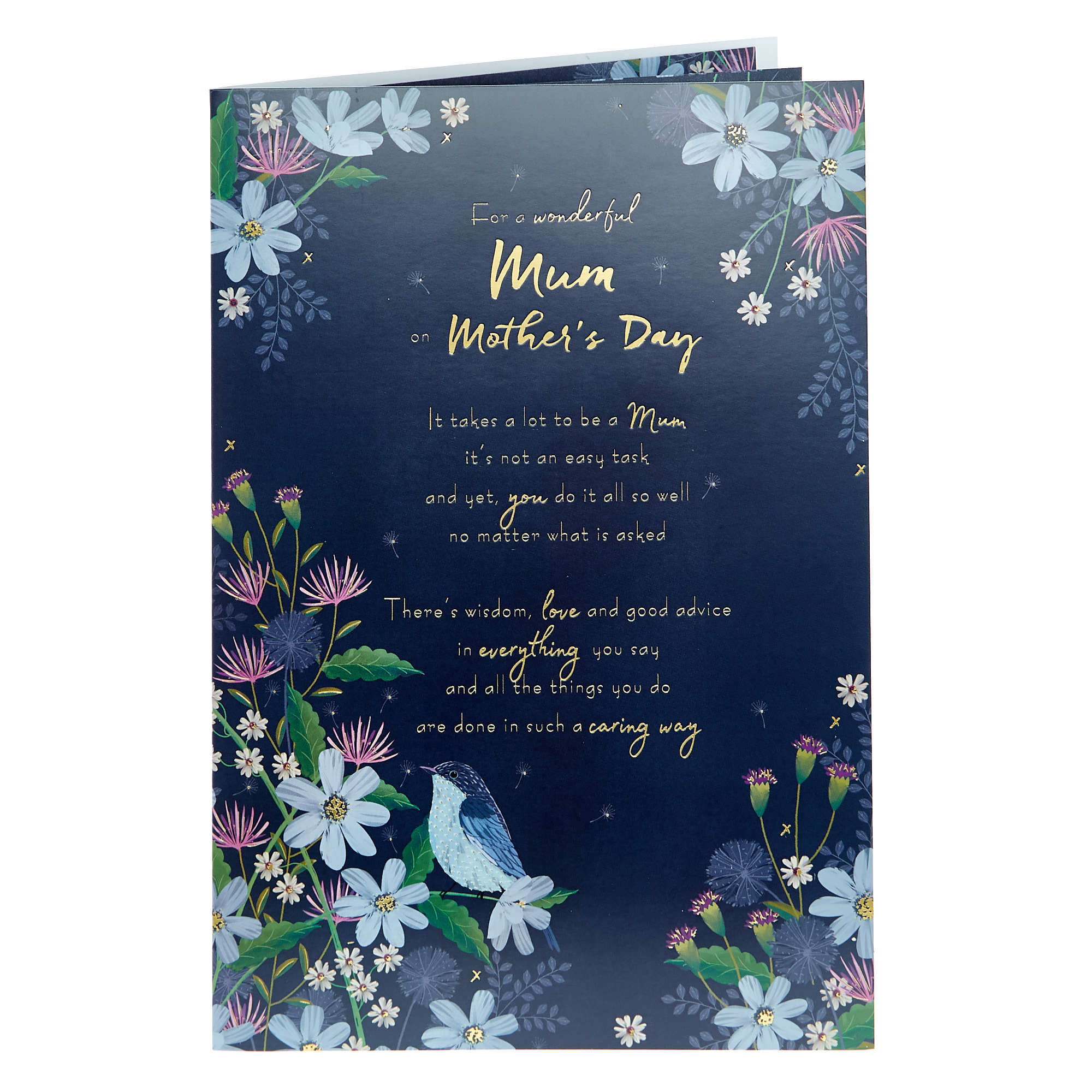 Mother's Day Card - Wonderful Mum Blue Flowers