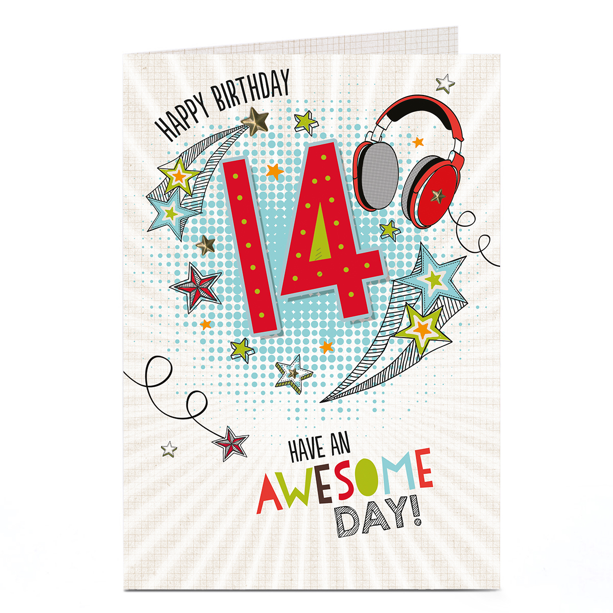 14th Birthday Card - Jazzy Headphones and Stars