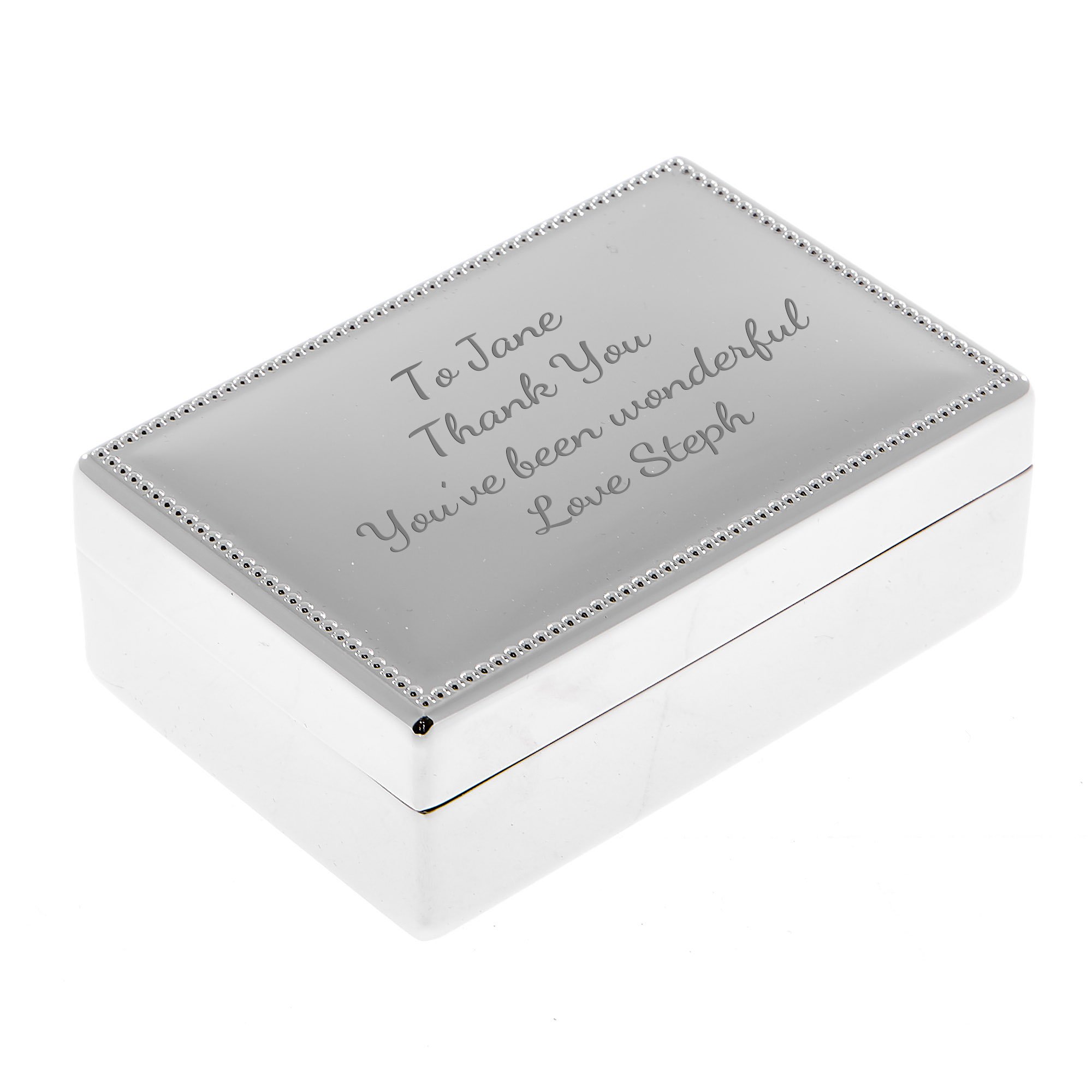 Engraved Silver Rectangular Beaded Jewellery Box