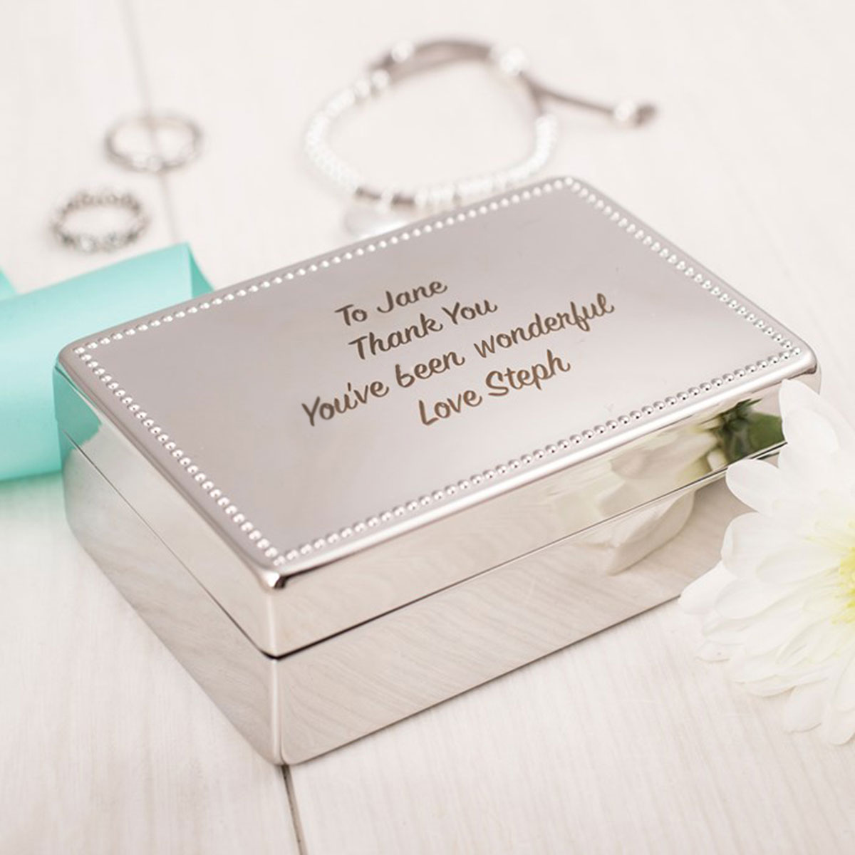 Engraved Silver Rectangular Beaded Jewellery Box