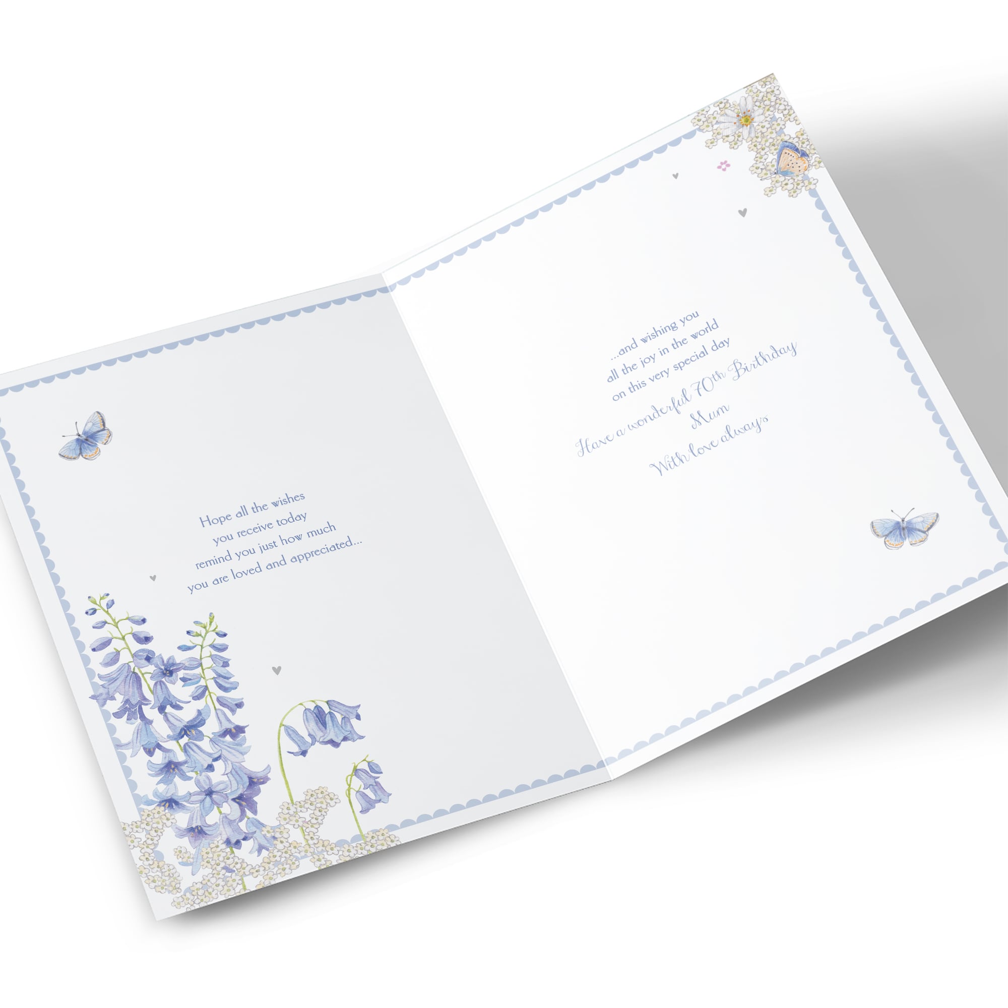 70th Birthday Card - Rustic Bluebells and Butterflies, Mum