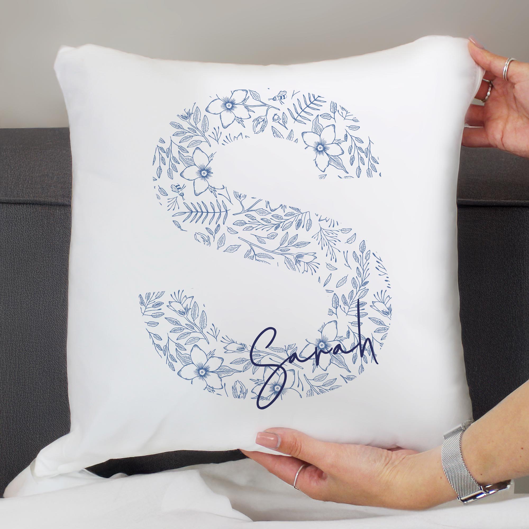 Personalised Floral Blue Initial Cushion