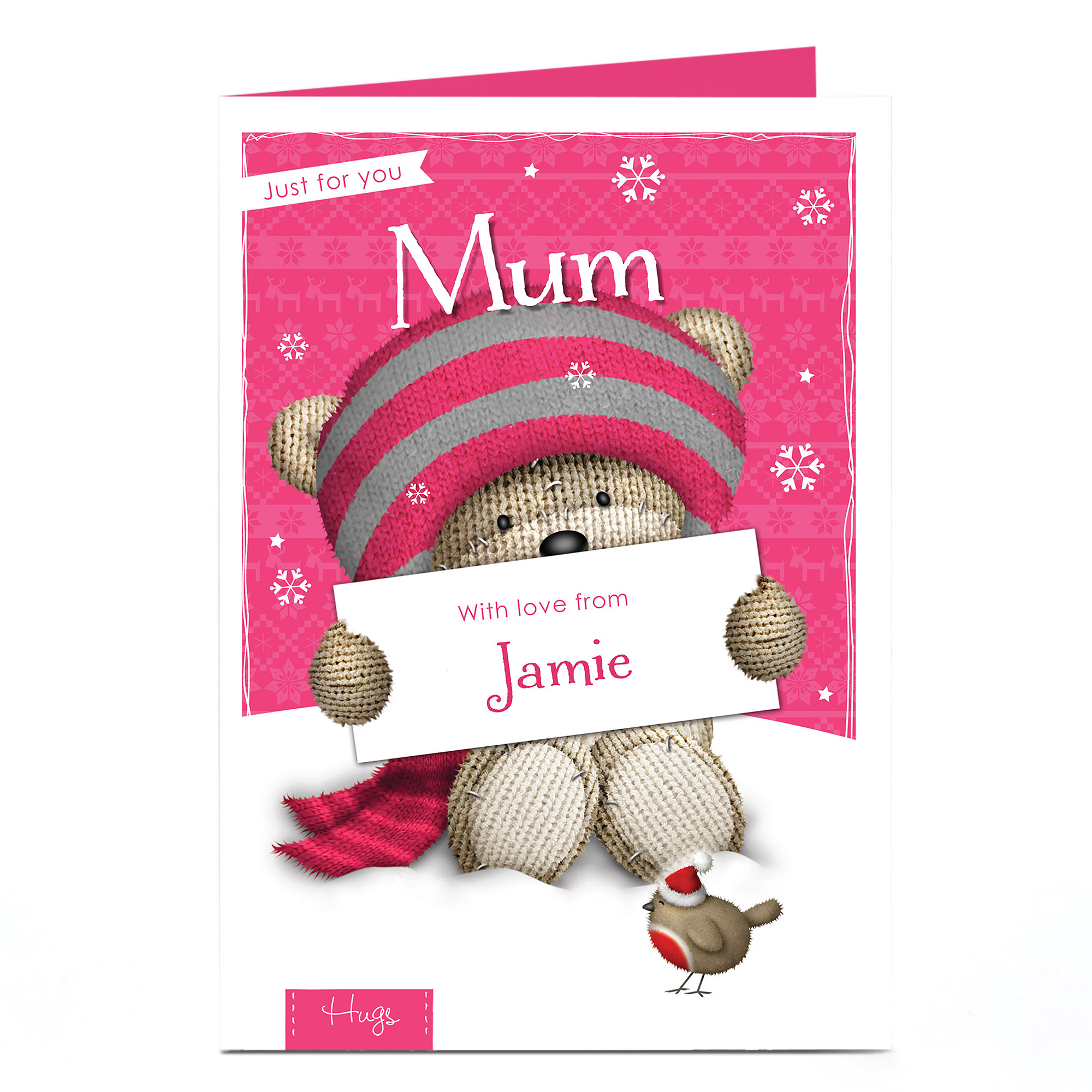 Personalised Hugs Bear Christmas Card - Pink Bear