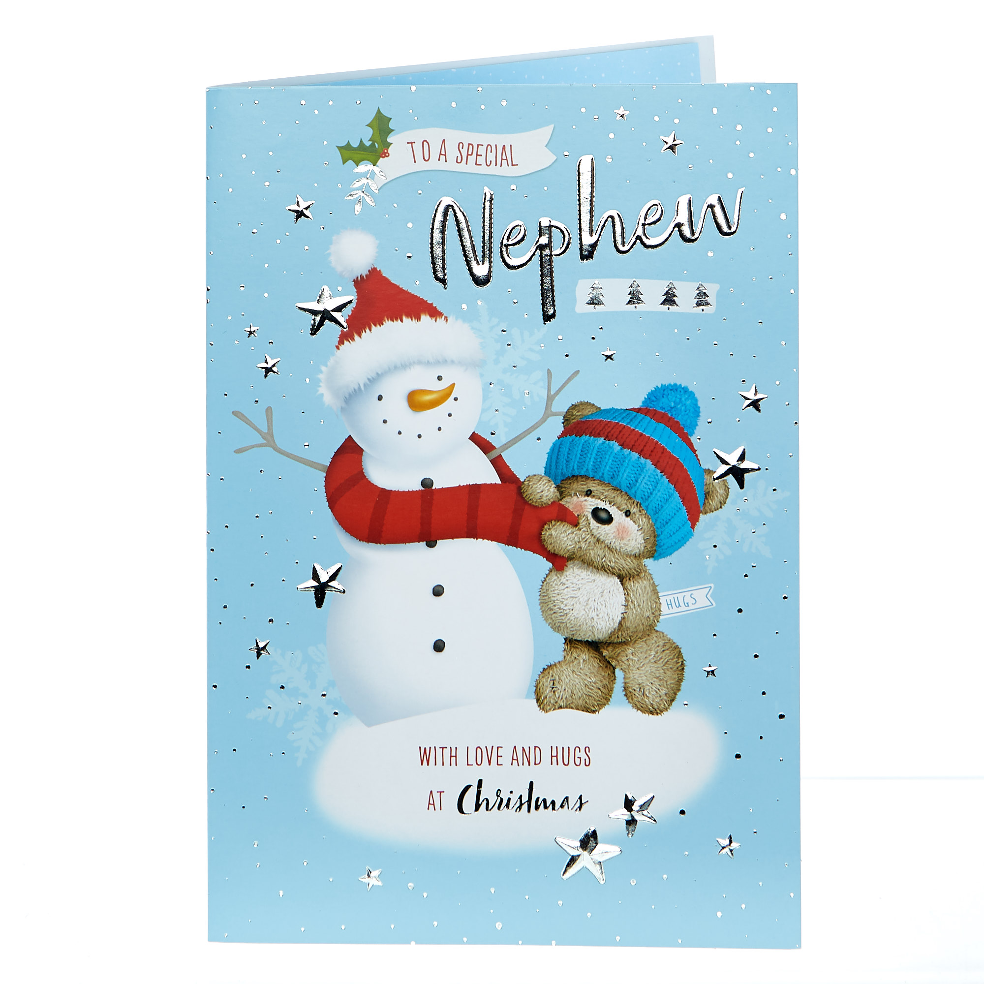 Hugs Bear Christmas Card - Nephew, Festive Snowman